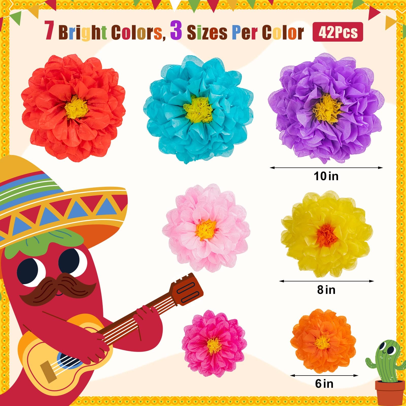 21 PCS Mexican Paper Flowers 7 Colors 3 Sizes Fiesta Tissue Flower for Party