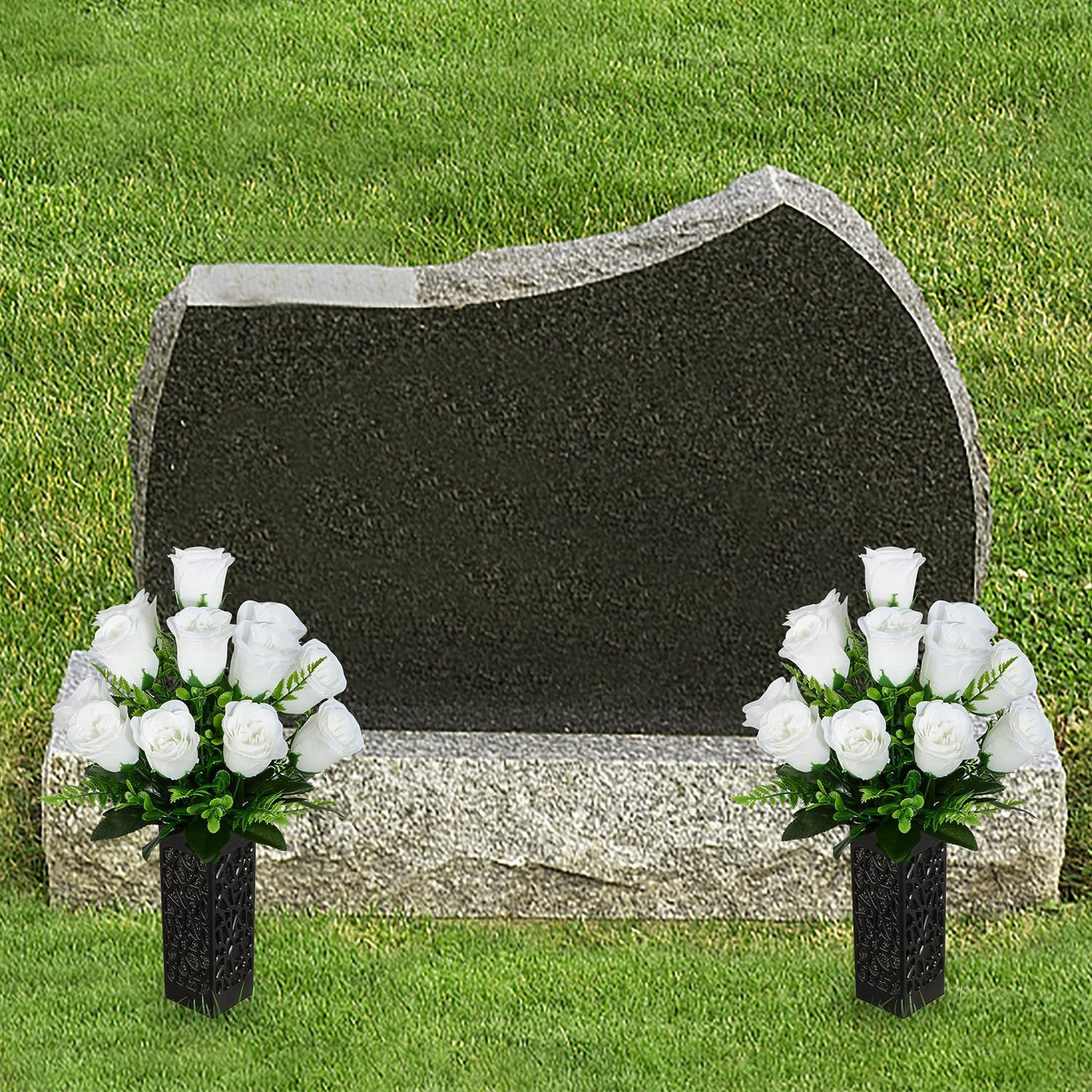 Artificial Cemetery Flowers, Grave Memorial Flowers, Set of 2 Artificial Rose Bo