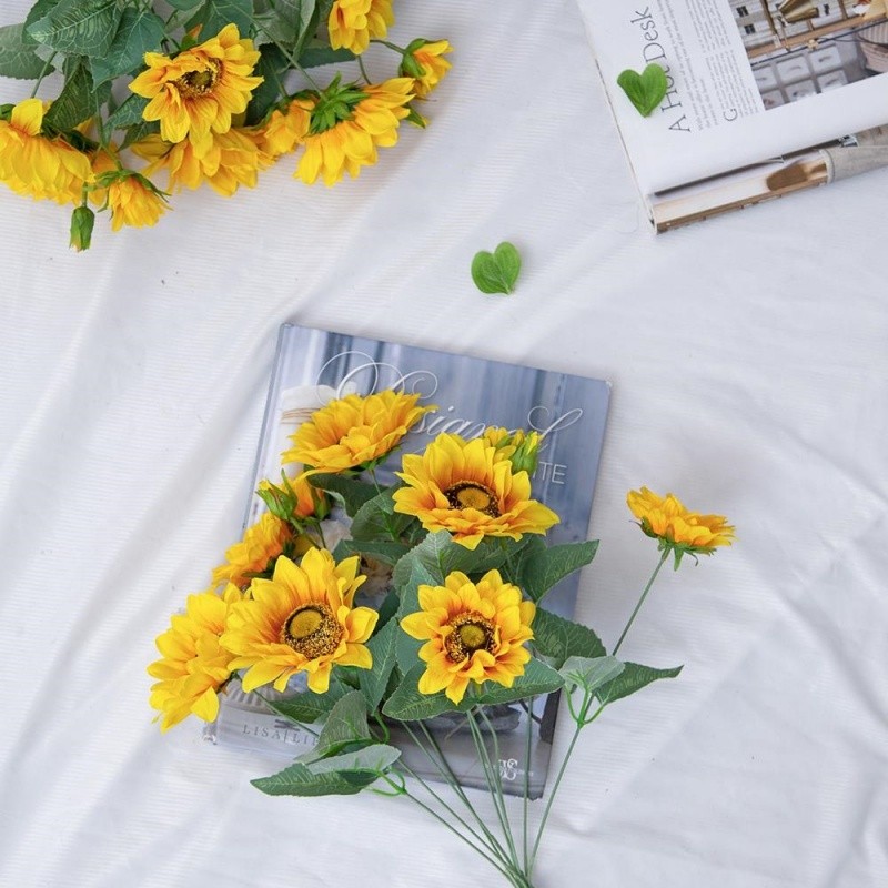 4pack, Artificial Yellow Sunflower Bush, Garden Home Table Flower Decor