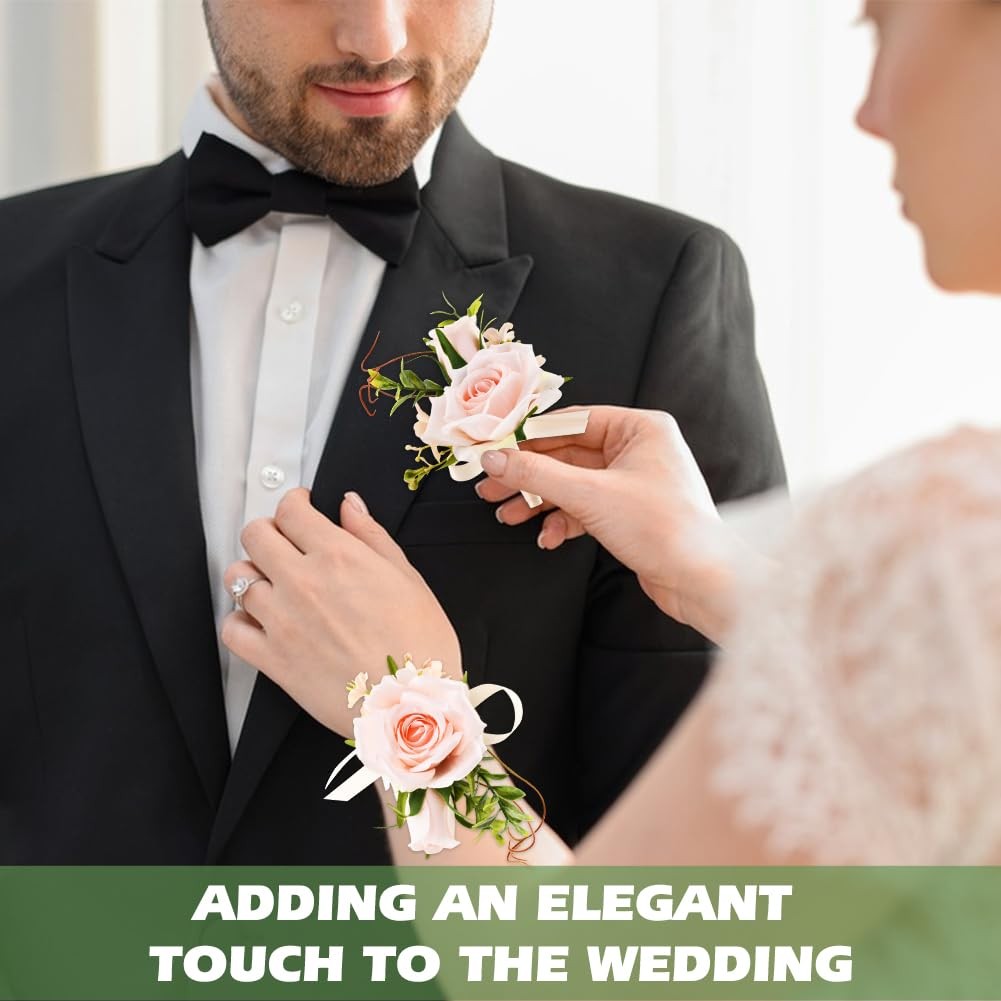 2Pcs Wrist Corsage and Boutonniere Set, Prom Wrist Corsage Artificial Flowers…