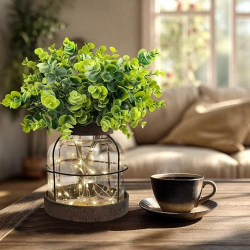 Rustic Farmhouse Glass Vases With Green Artificial Eucalyptus Plants Lights