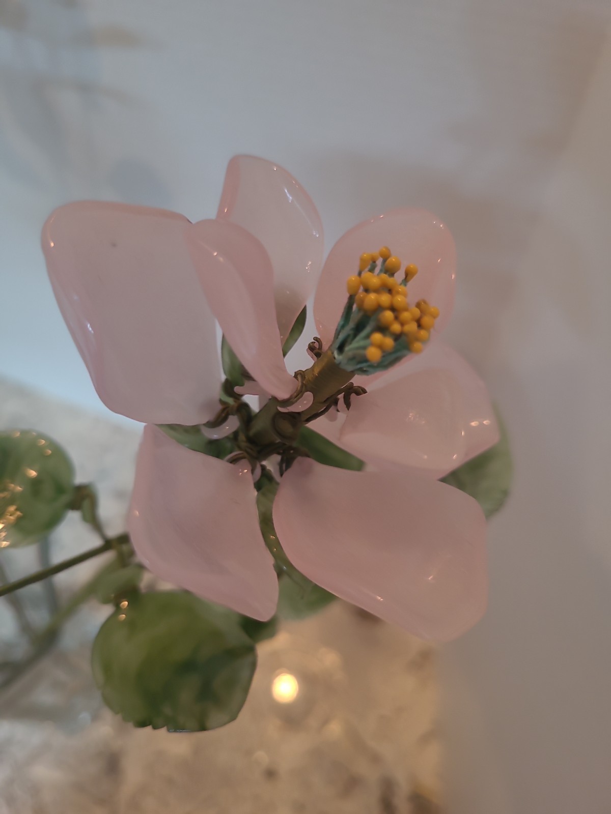 4-Vintage Porcelain Flowers With Plastic Stems Pink 25″ Long Stem