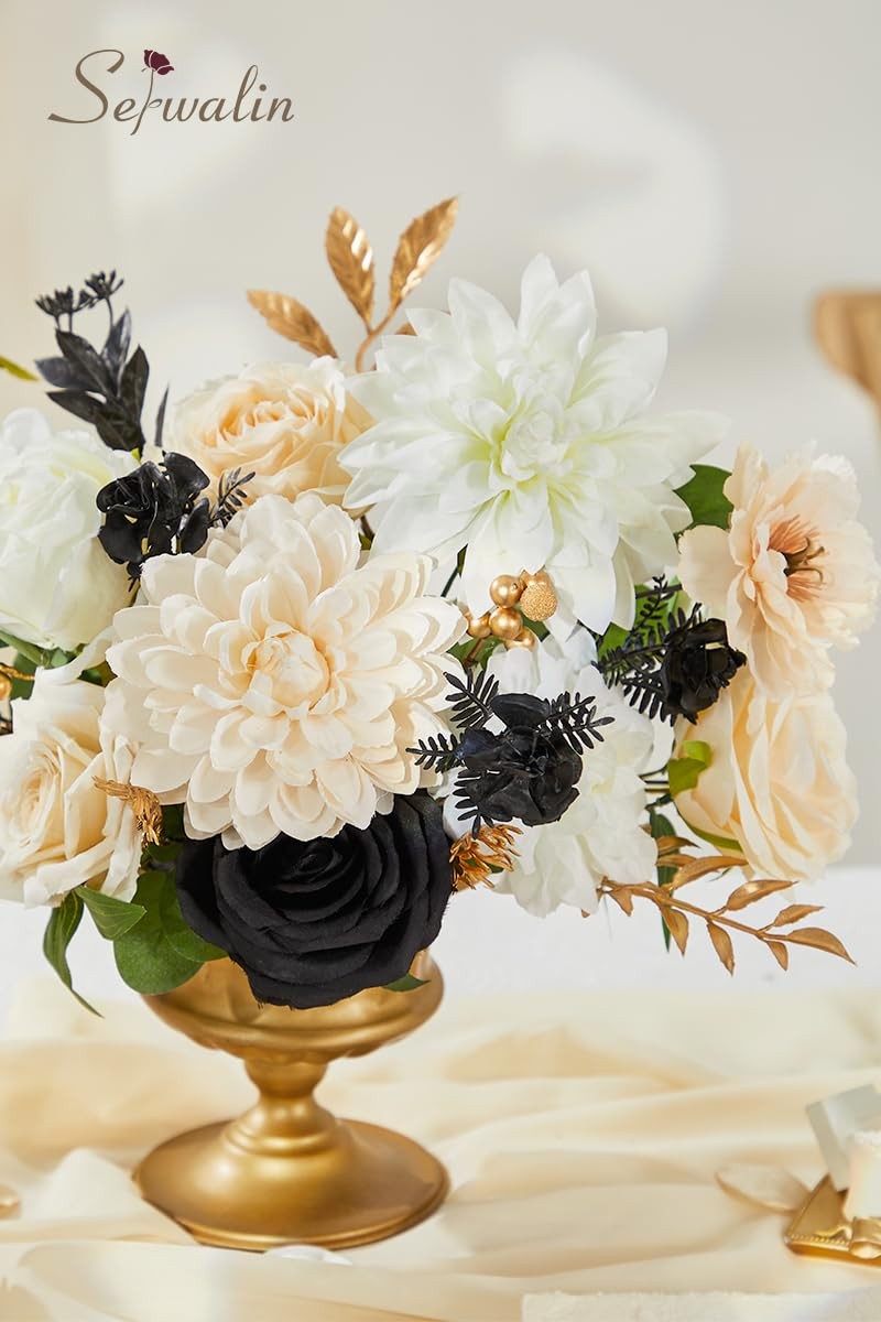 Artificial White & Black & Champagne Flowers, Silk Fake Flowers for DIY Weddi…