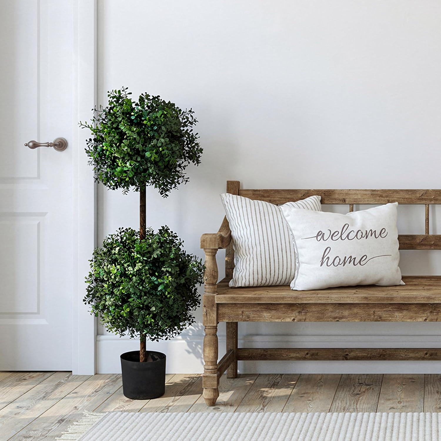 46″ Realistic Artificial Boxwood Double Ball Topiary in Matte Black Pot