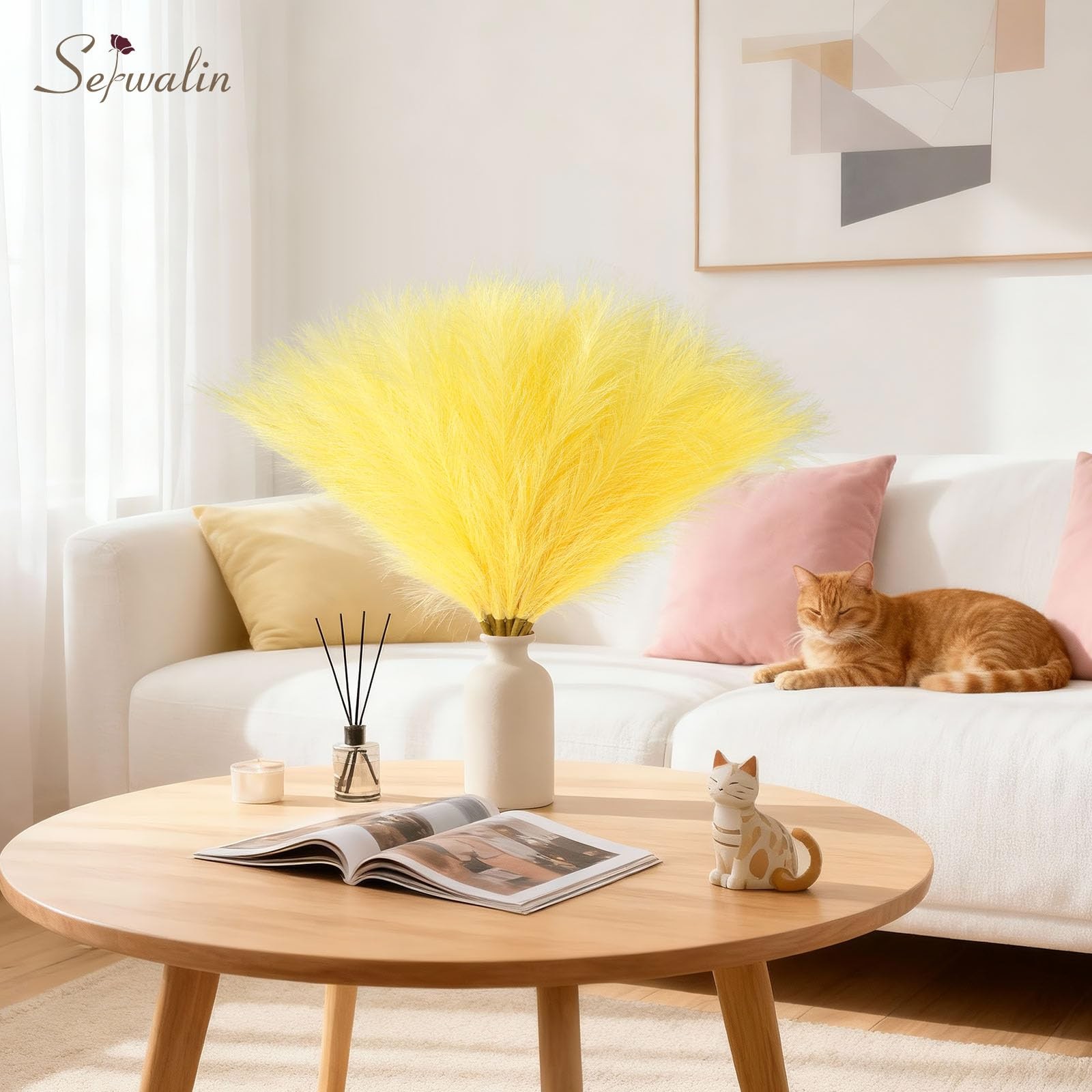 6 PCS Pampas Grass Decor 17.7 Inch Light Yellow Artificial Fluffy Vase Filler