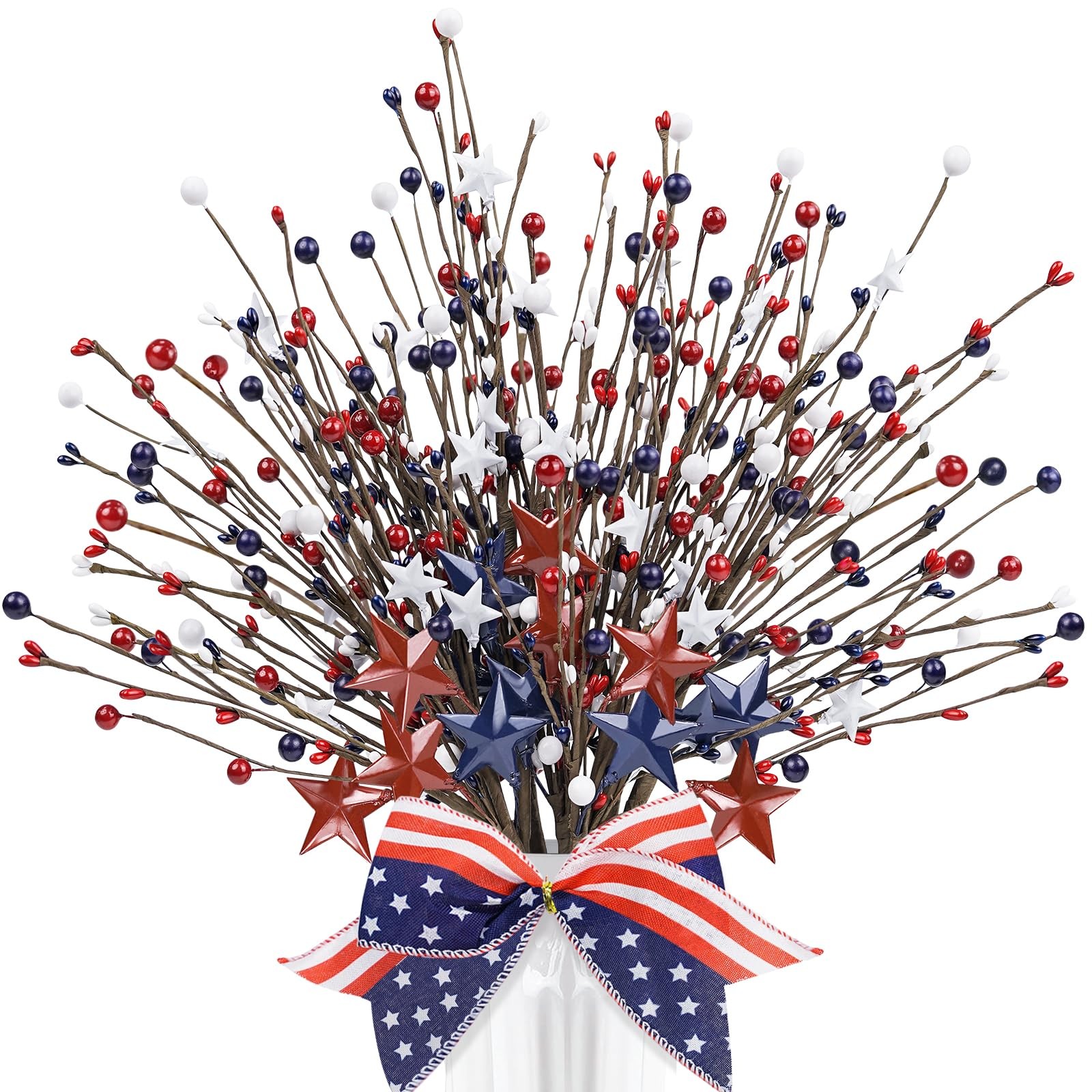 8 Pack Patriotic Artificial Berry Stem Picks,17.5” Red White Blue Stars with …