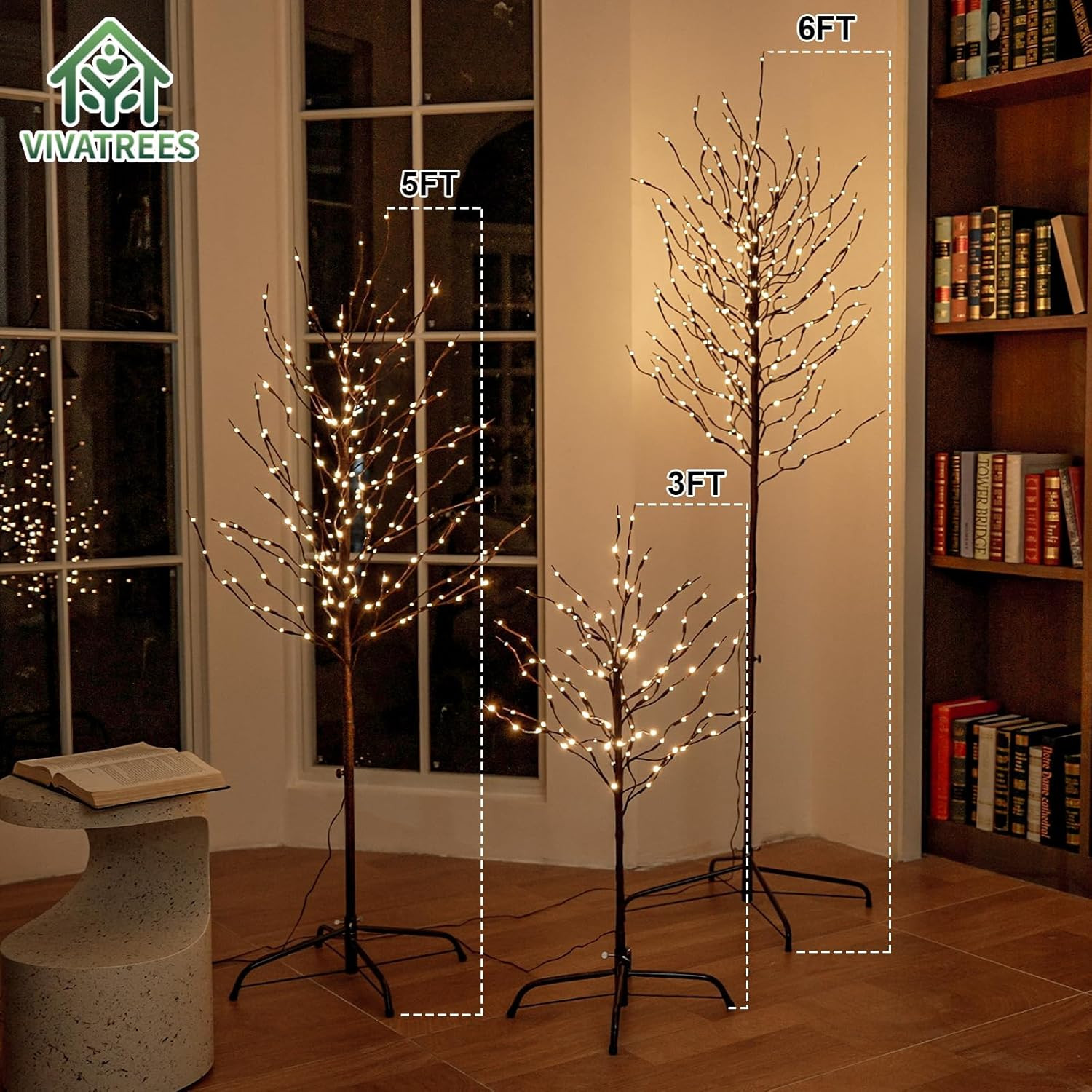 Twinkling Twig Trees Set – 3Ft, 5Ft, 6Ft with Warm White Lights for Decor
