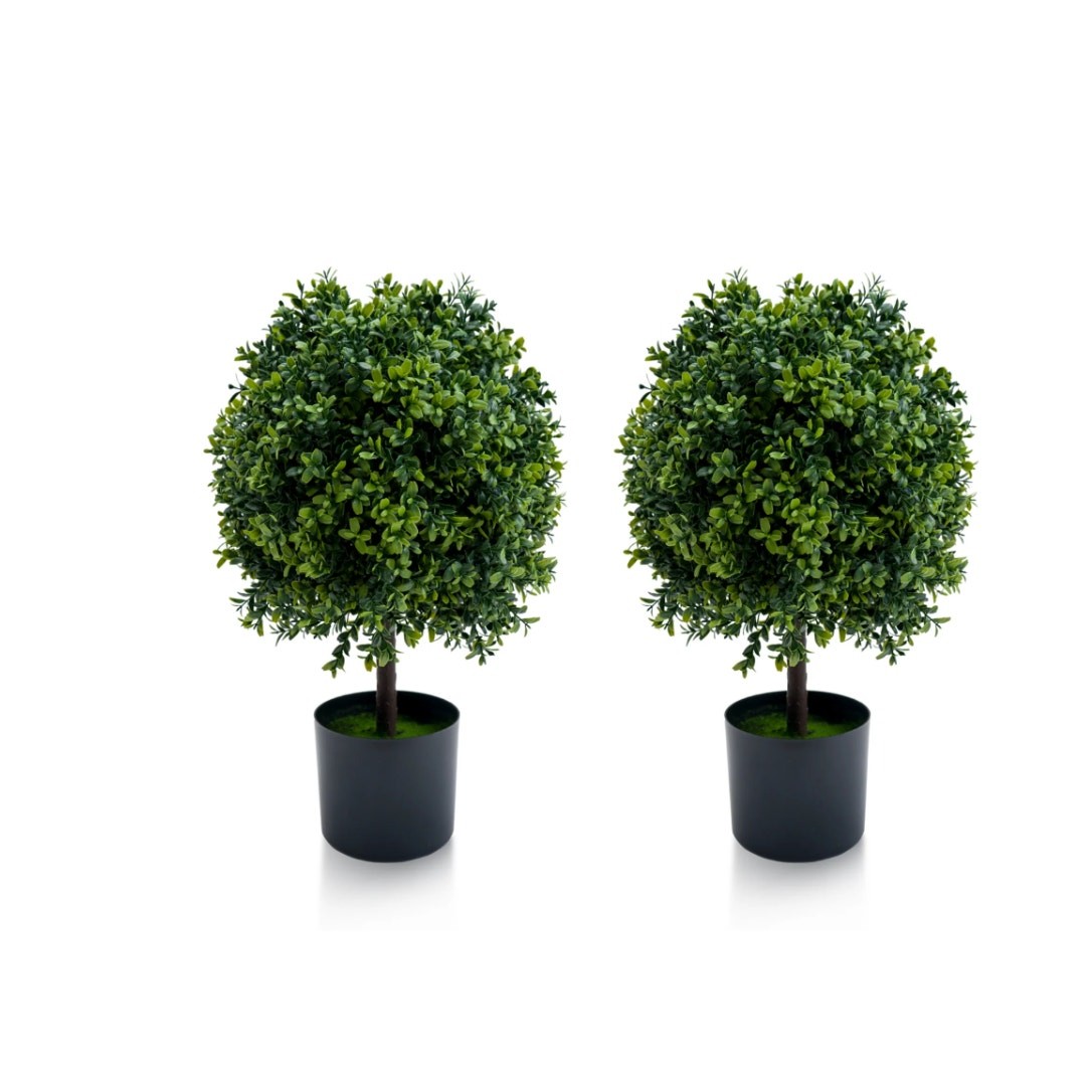 Garvee Set-of-2 Artificial Topiary Boxwood Ball Trees 20″ Front Porch – Green