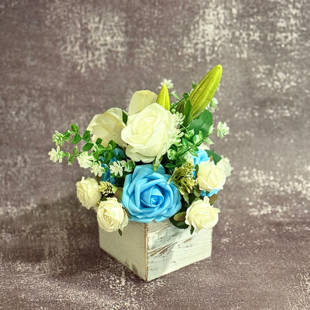 White Lily Blue Rose Centerpiece Faux Floral Arrangement Wooden Box Home Decor