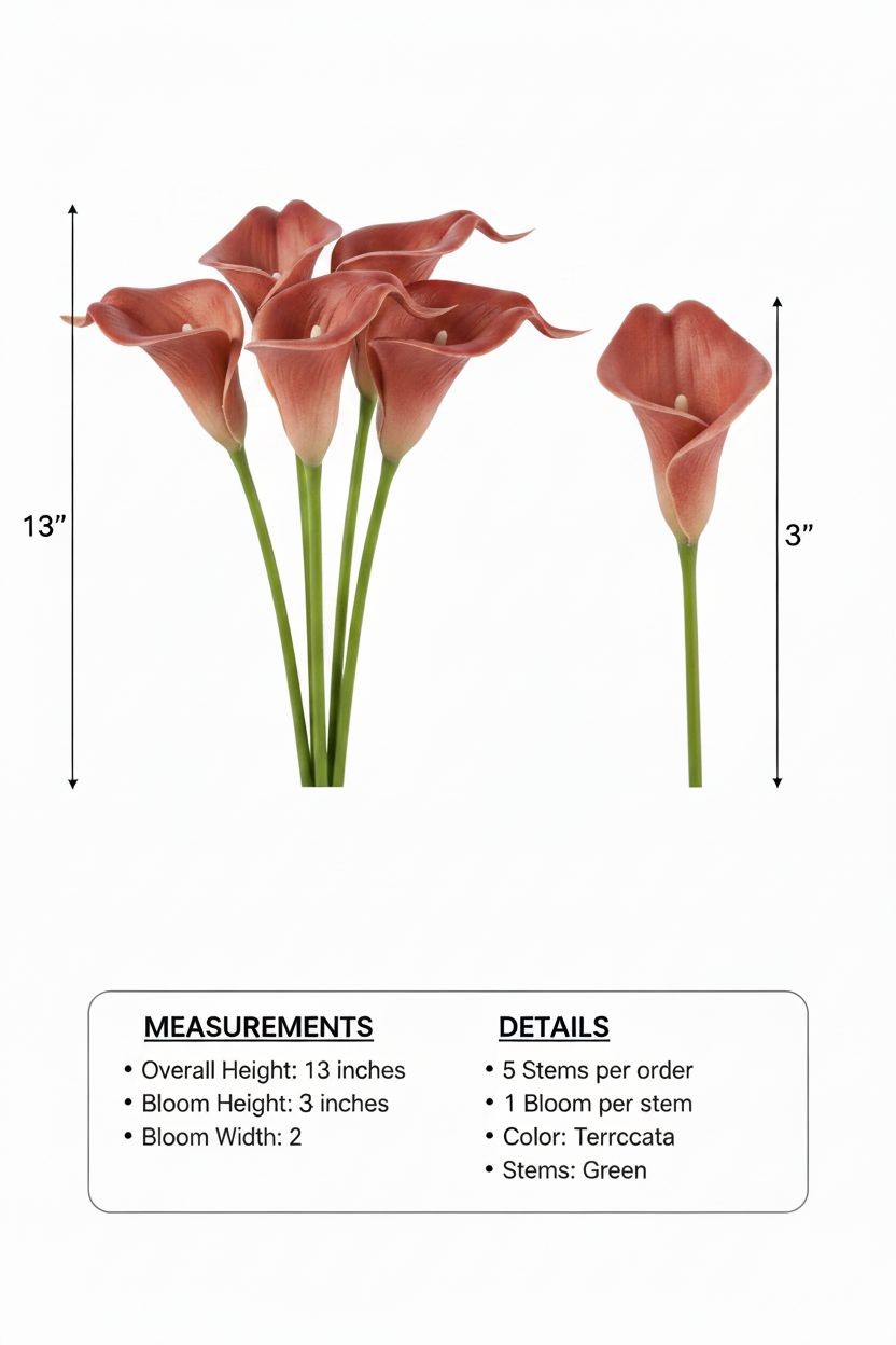 Terracotta Artificial Calla Lily Stems Set of 5 13 Inch Faux Flowers for Rustic