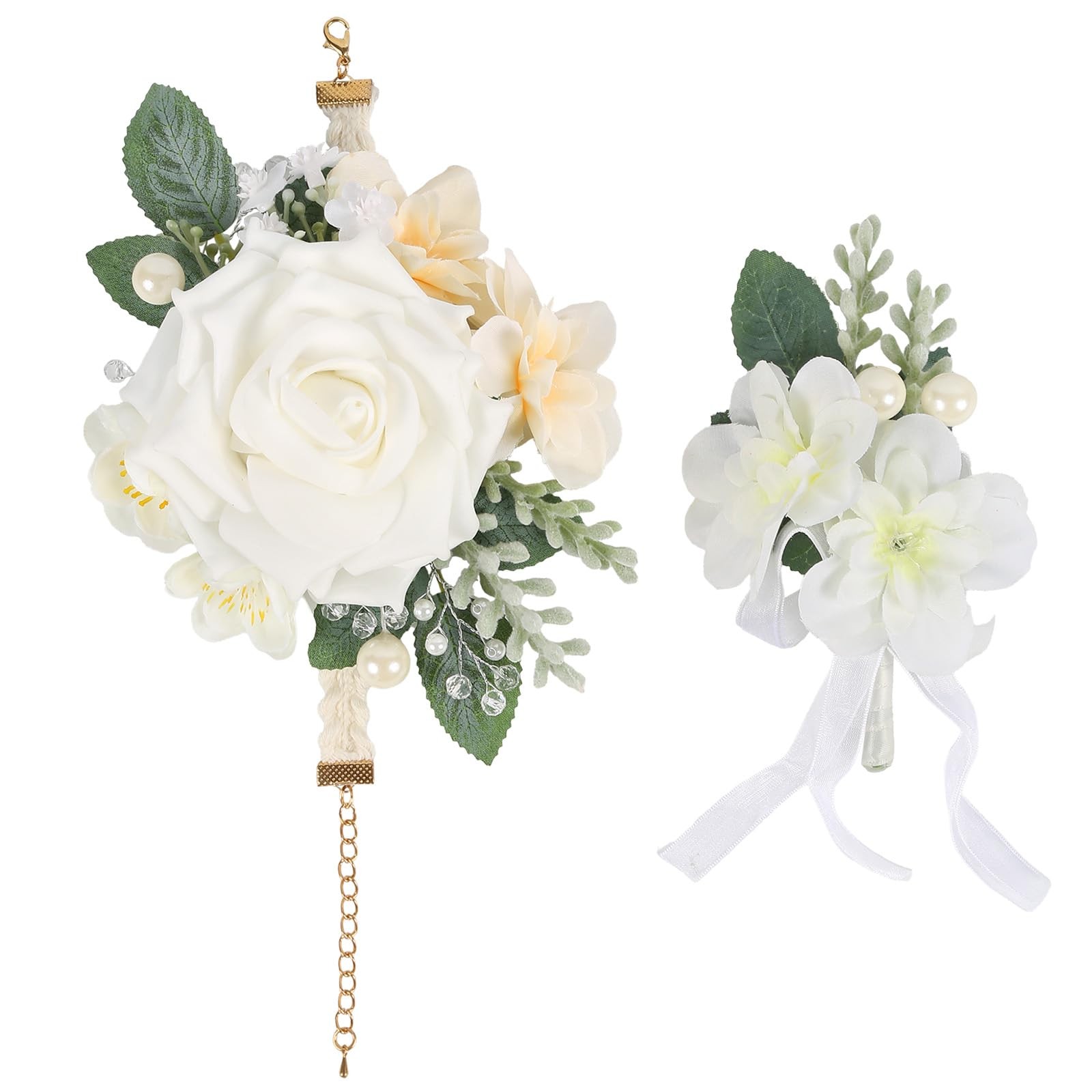 2 PCS White Rose Wedding Corsage Boutonniere Set Wristlet Bride Groom Prom