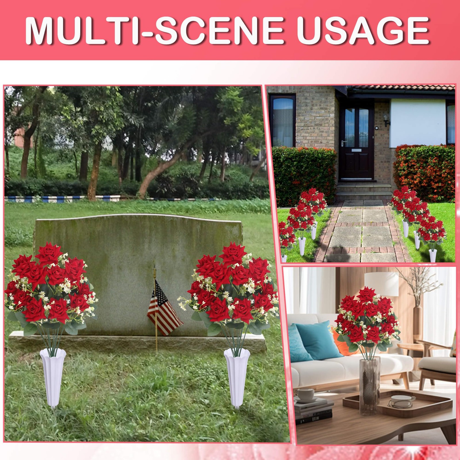 Artificial Cemetery Flowers – Artificial Rose Memorial Flowers with Vase,Head…