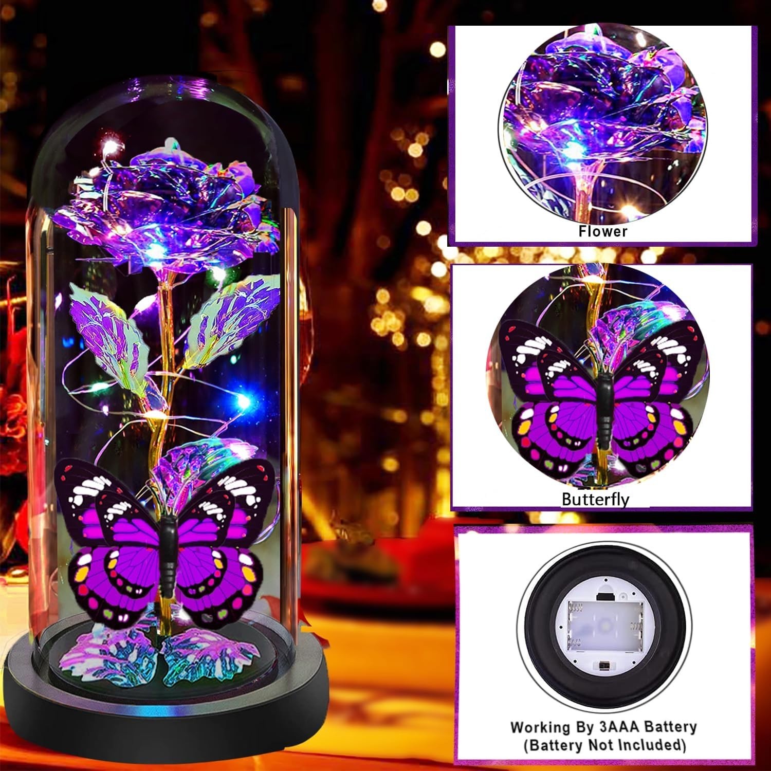 Fvawe Valentines Rose Glass Flowers Gifts for Her, Galaxy Crystal B-purple