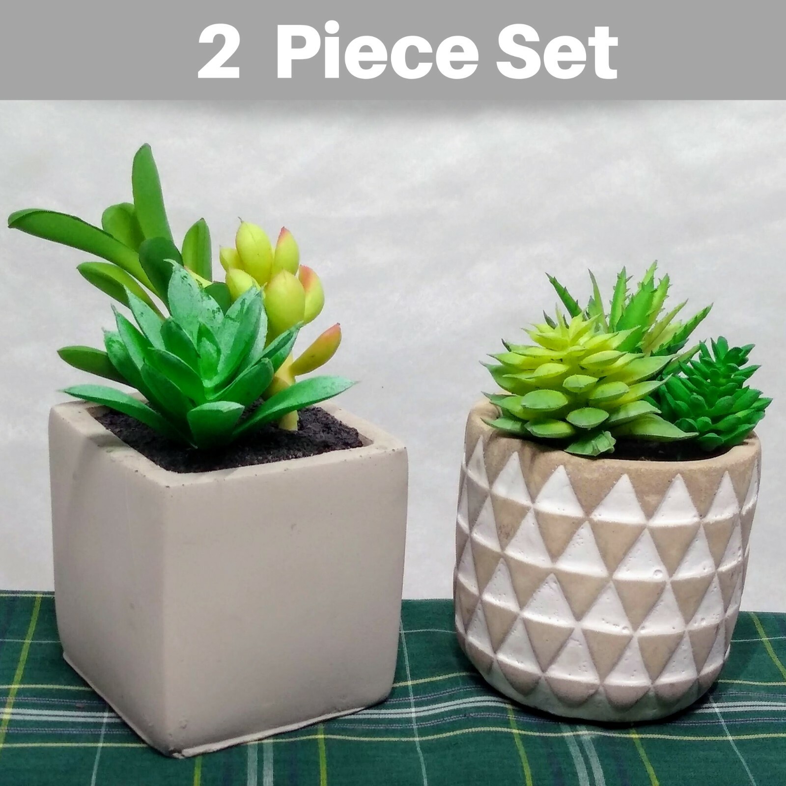 🌼 4.25″ & “5” Artificial Mixed Echeveria Succulents in Cement Pots – Set of 2