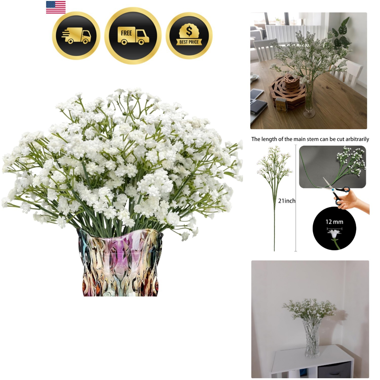 6-Pcs 21” Secure-Stem Realistic Artificial White Babys Breath Gypsophila Flow…