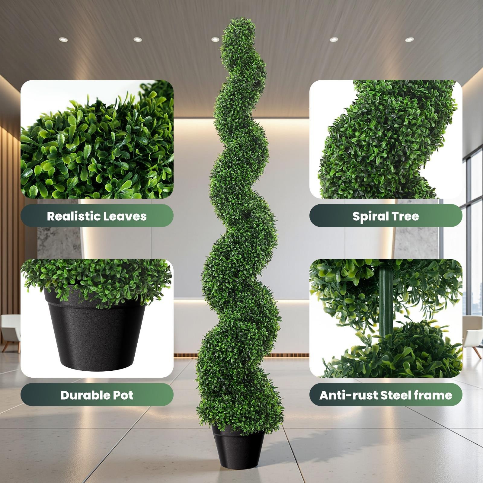 2PCS 5FT Artificial Boxwood Spiral Topiary Trees Rust-Resistant Faux Green Plan