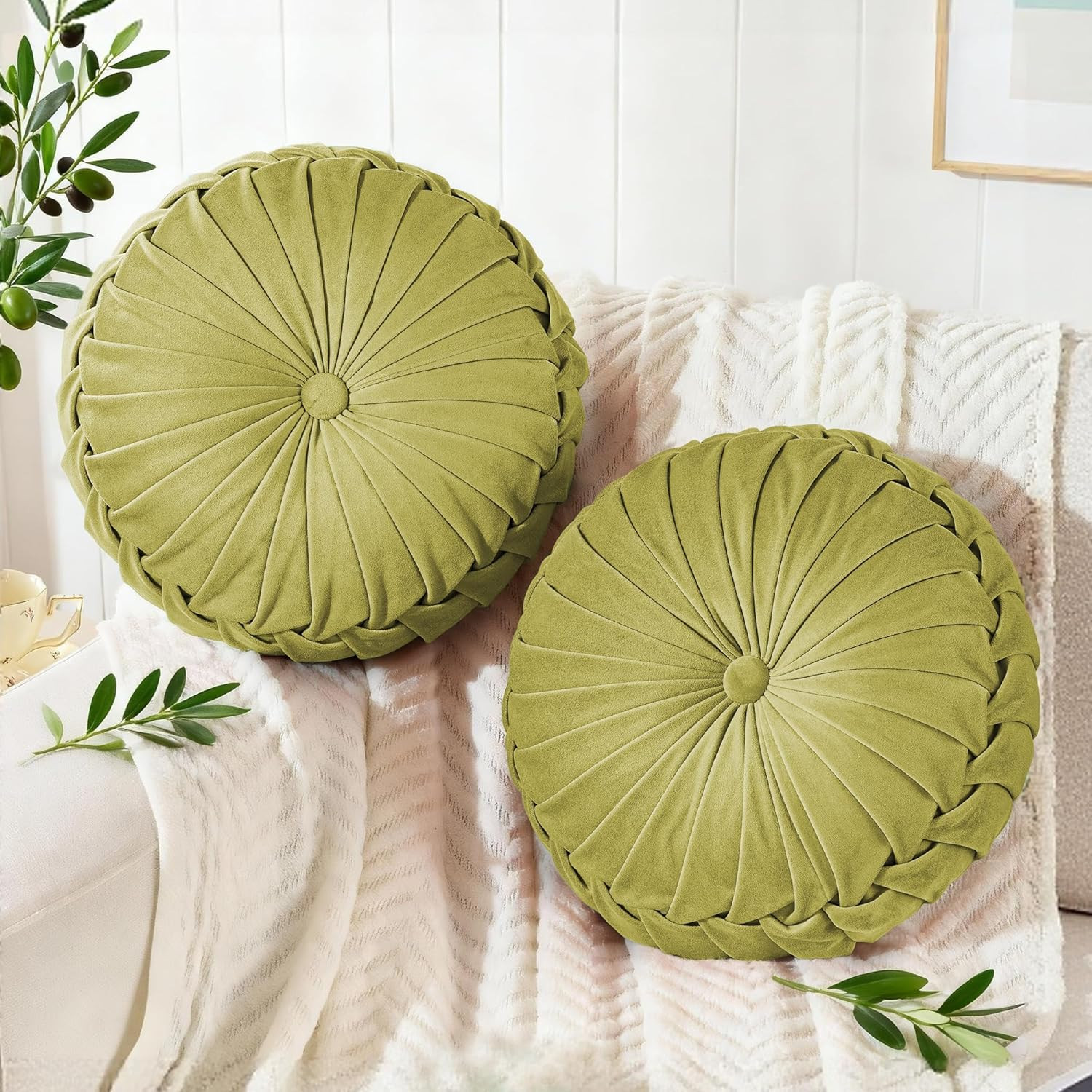 ROSE&RISY round Pleated Velvet Throw Pillows, 2 Pack Decorative Accent Pumpkin P