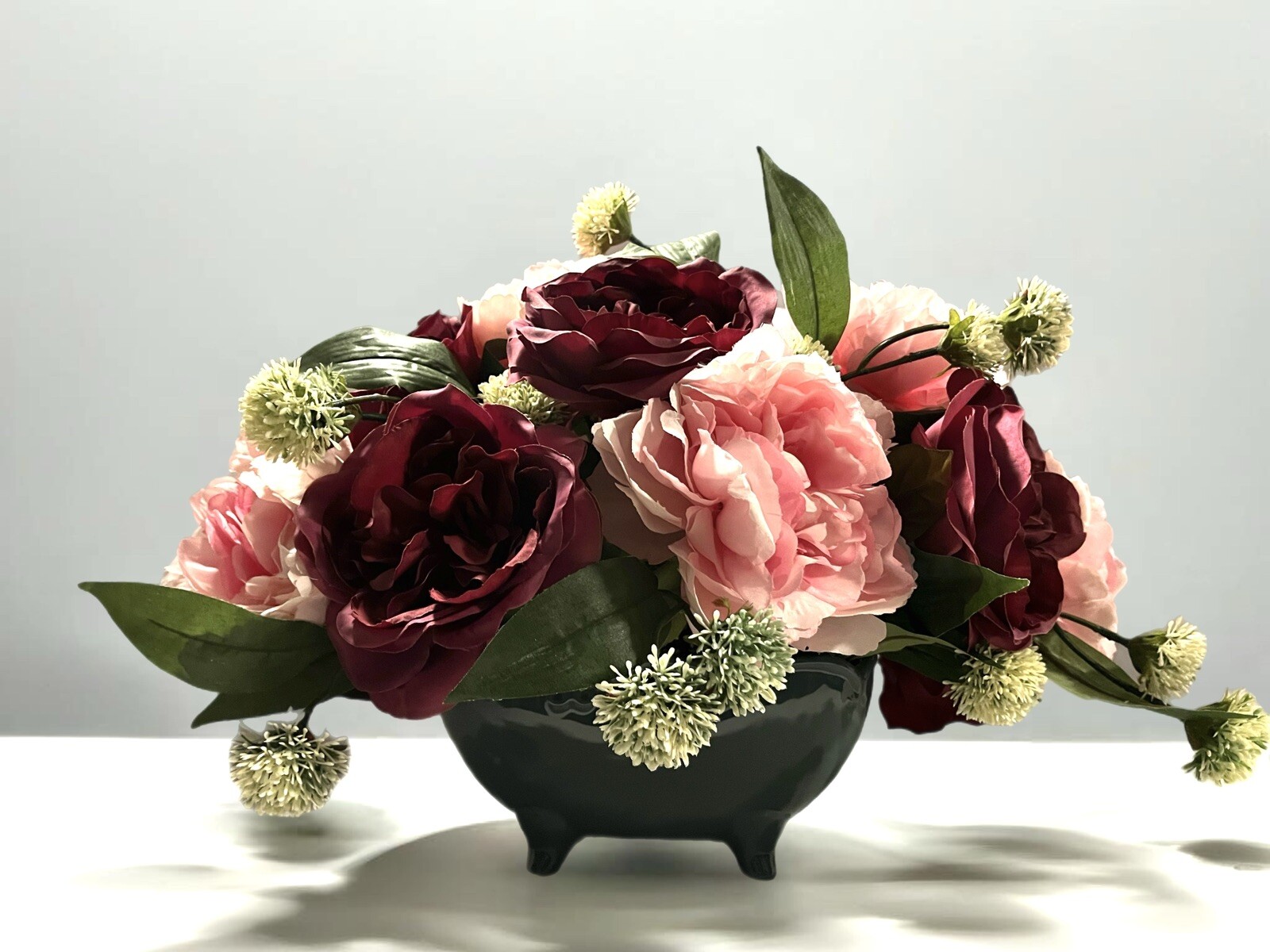 Pink & Burgundy Mauve Peony Floral Arrangement sage Green Planter 18” Long