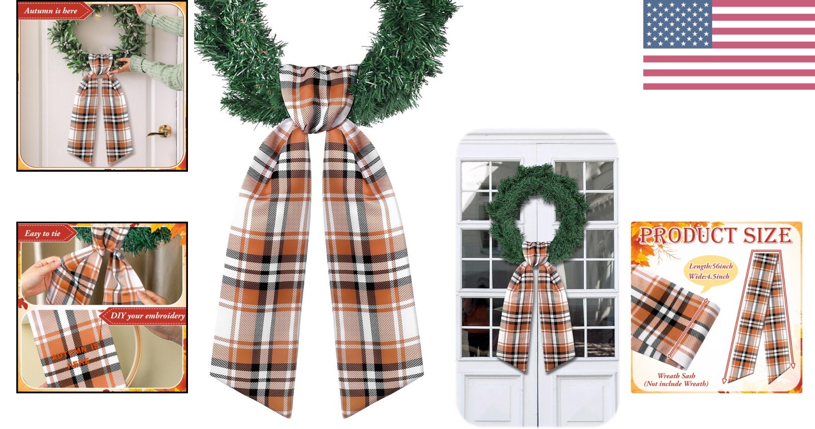 Multicolor Satin Wreath Sash – Elegant Fall Plaid for All Seasons, 56″ Length