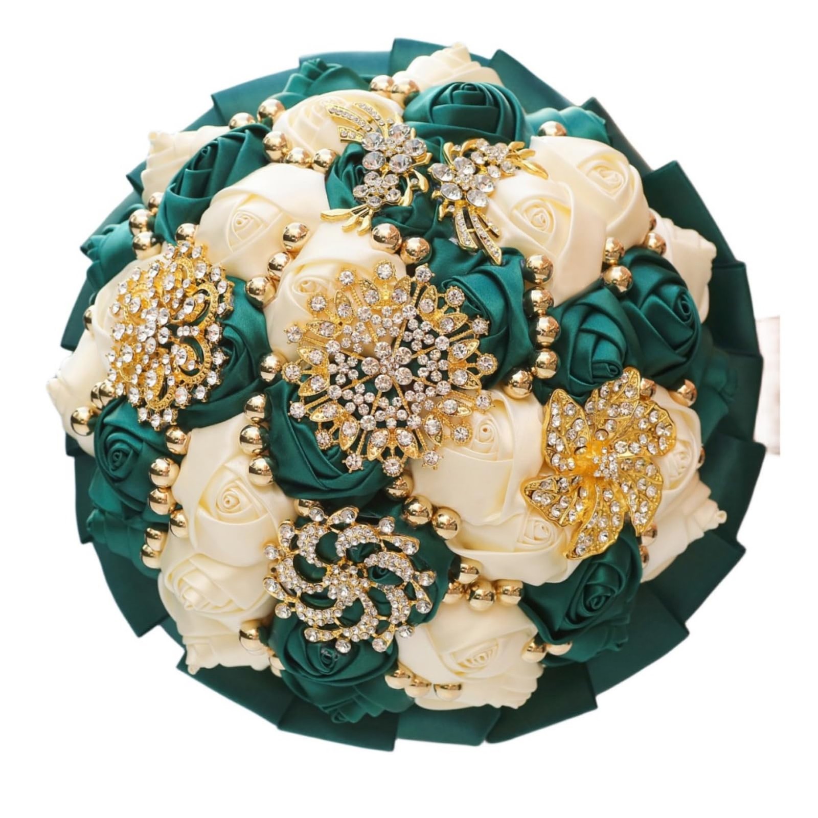 Emerald Green and Ivory Bridal Wedding Bouquet with Gold Brooch Rhinestone