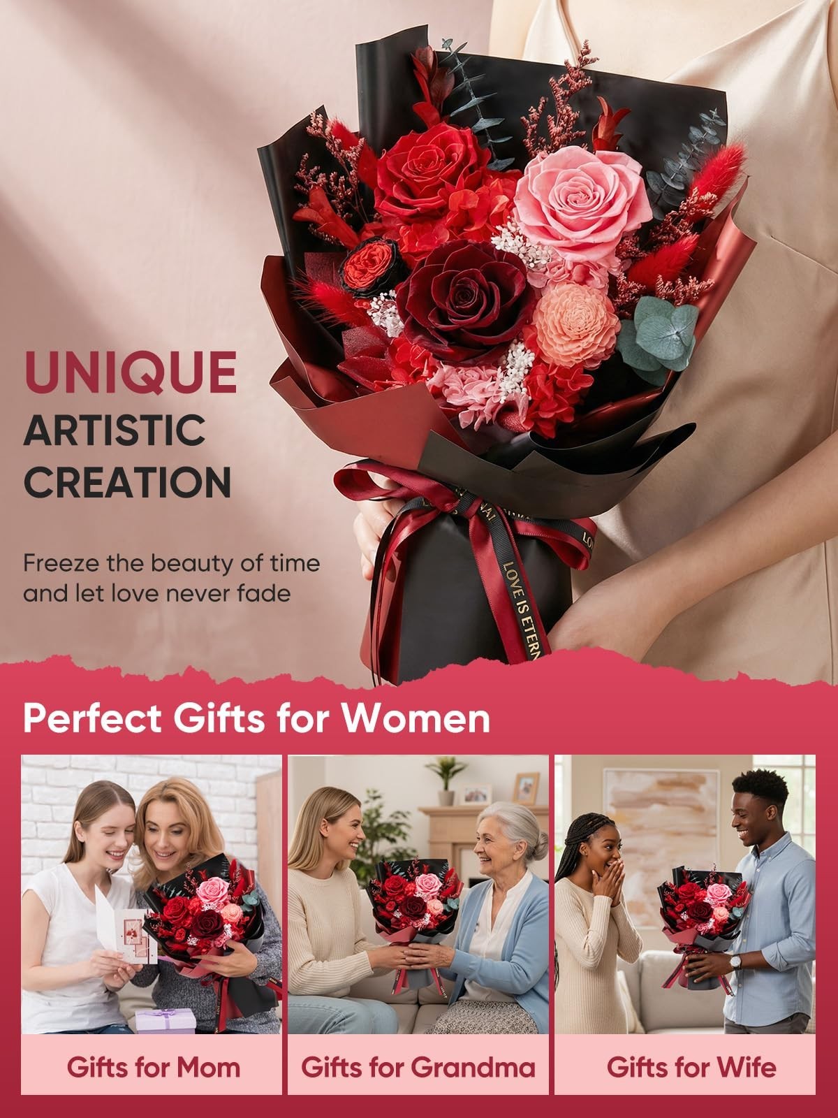 Preserved Flower Bouquet – Forever Fresh Red Roses for Birthdays, Anniversaries