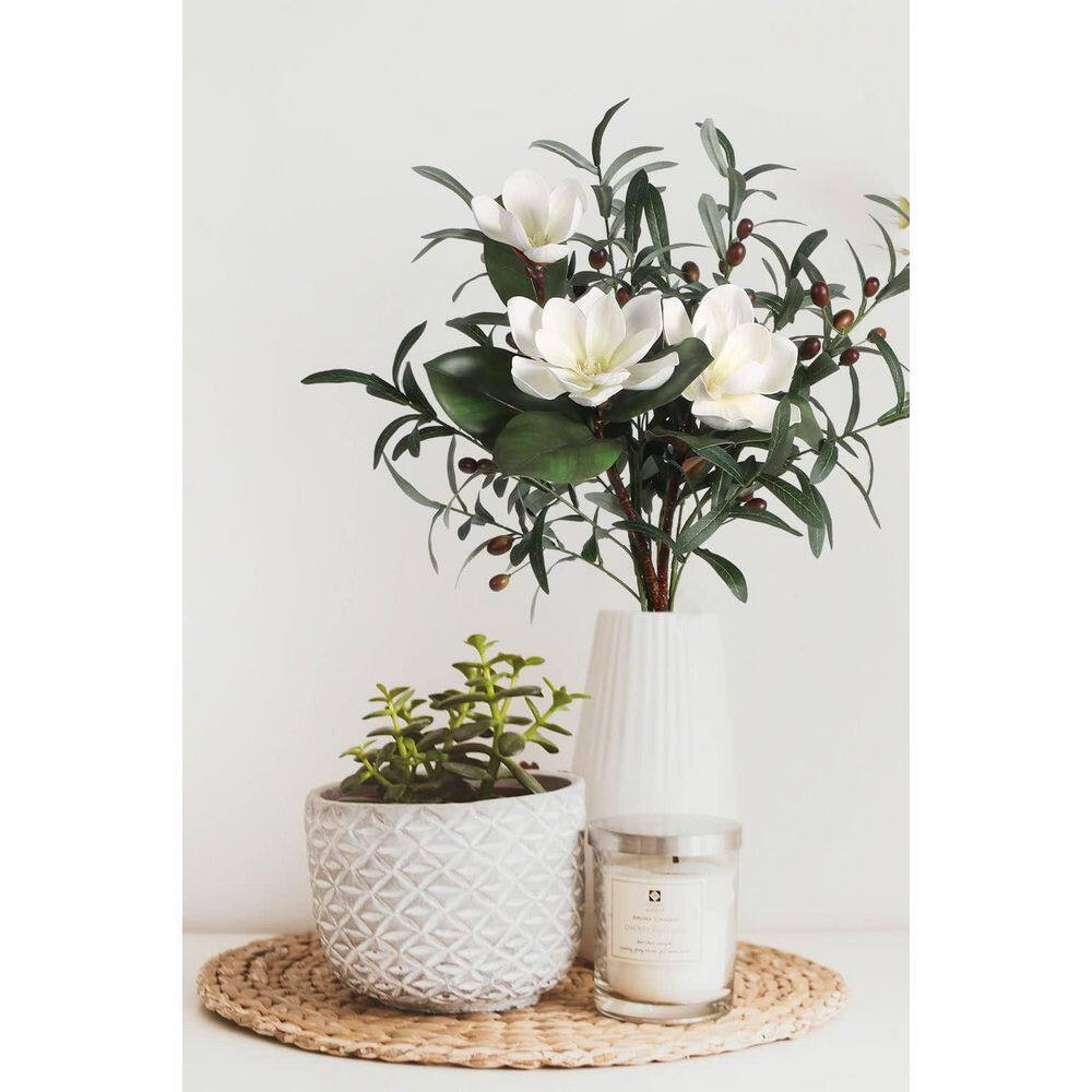 White Artificial Magnolia Flower 1Pcs and Olive Branches 4Pcs Real Touch Combo f