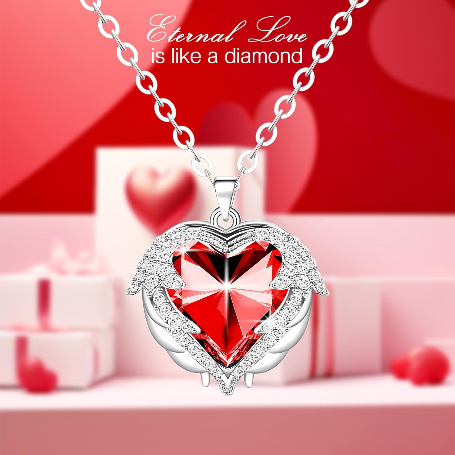 Preserved Red Rose with Necklace Diamond Box Valentines Gift for Her Women