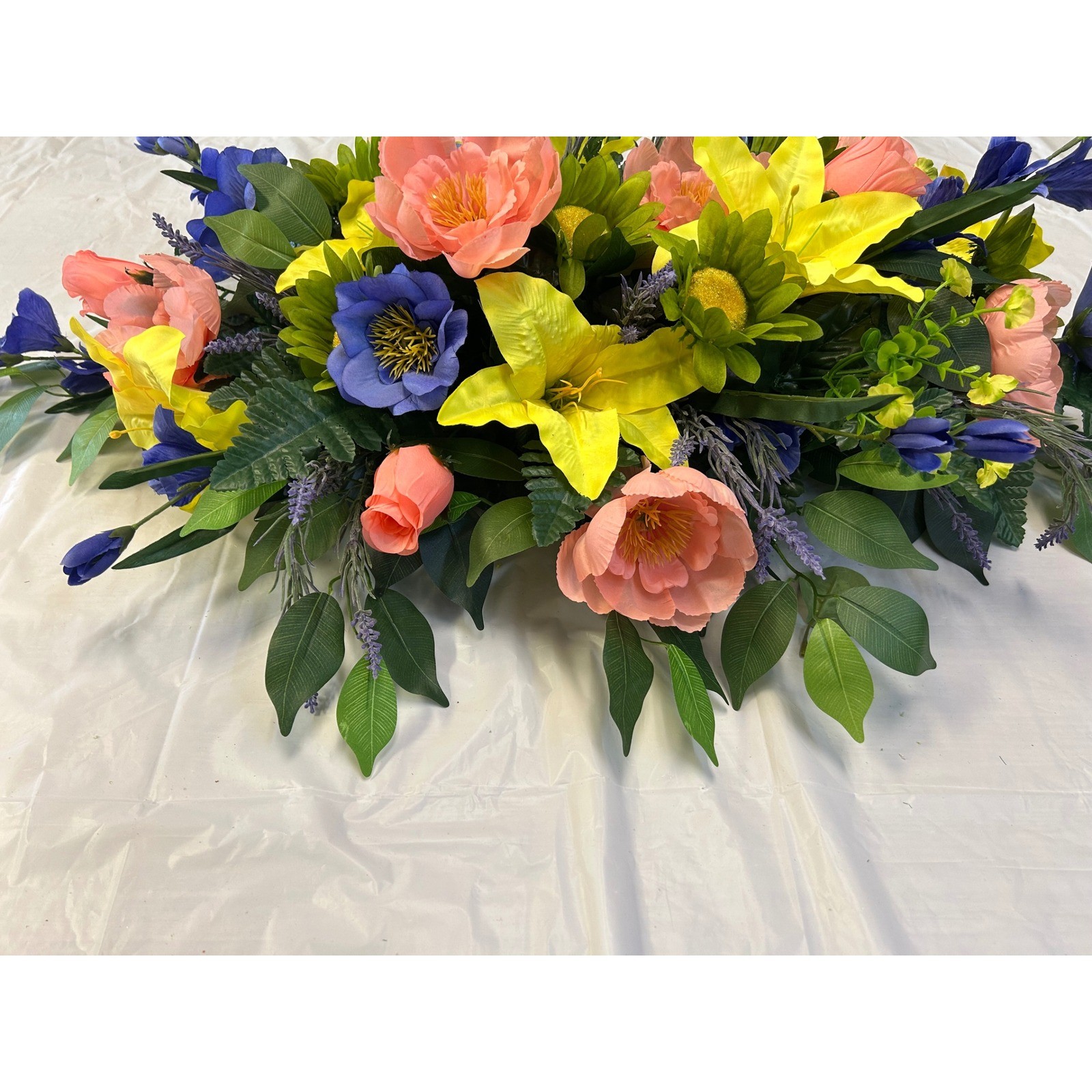 Large Artificial Floral Cemetery Spray Yellow Lily Coral Peony 36 Inch Swag