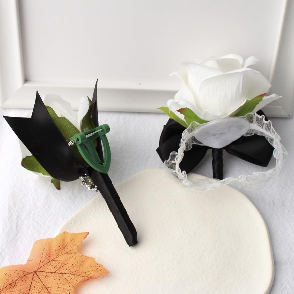 2 PCS Black White Wrist Corsage Rose Boutonniere Set Bride Groom Prom Wedding