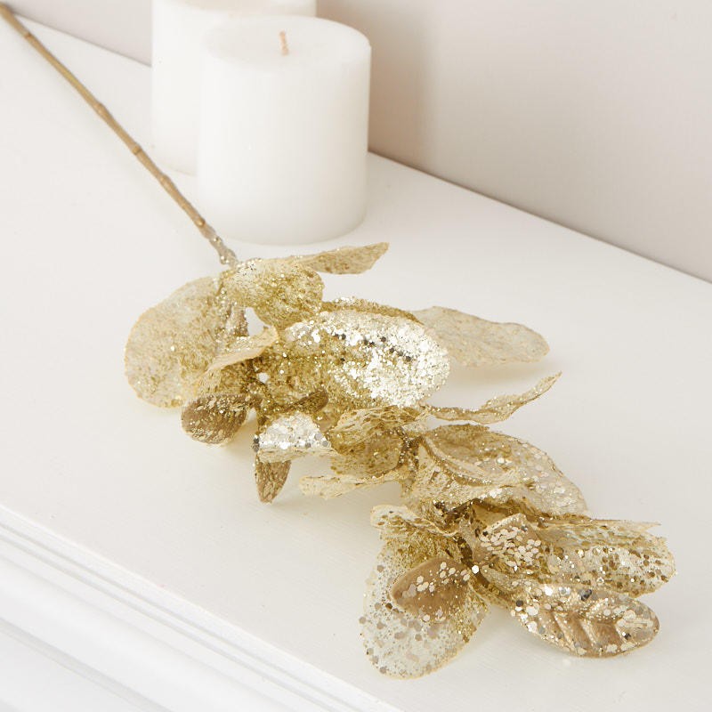 Factory Direct Craft Champagne Glitter Artificial Laurel Leaf Spray | 3 Pie