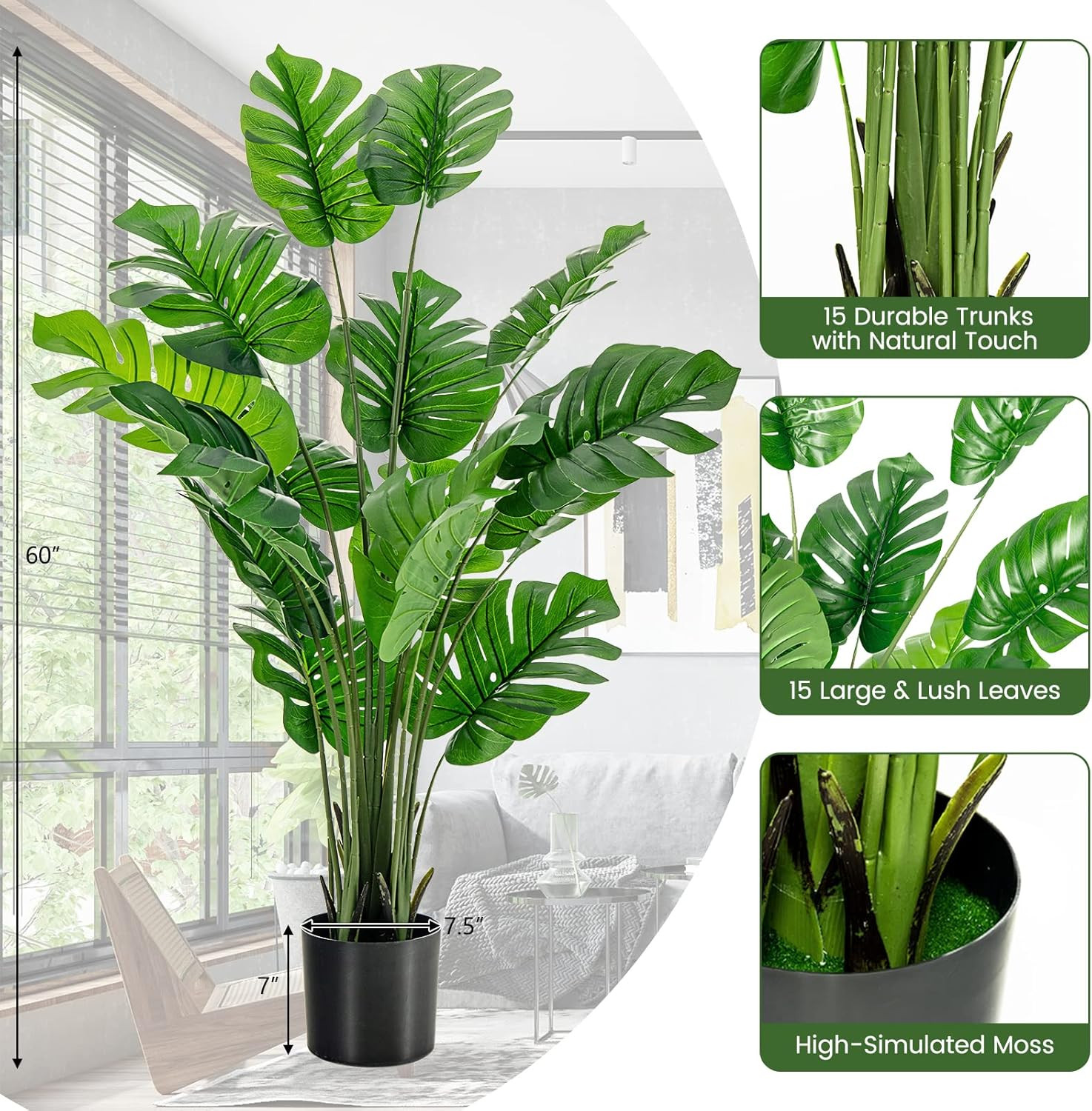 5FT Faux Monstera Plant 2-Pack with Cement Pot for Home Decor