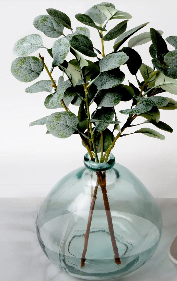 Better Homes & Gardens 12″ Artificial Green Eucalyptus in Blown Glass Vase