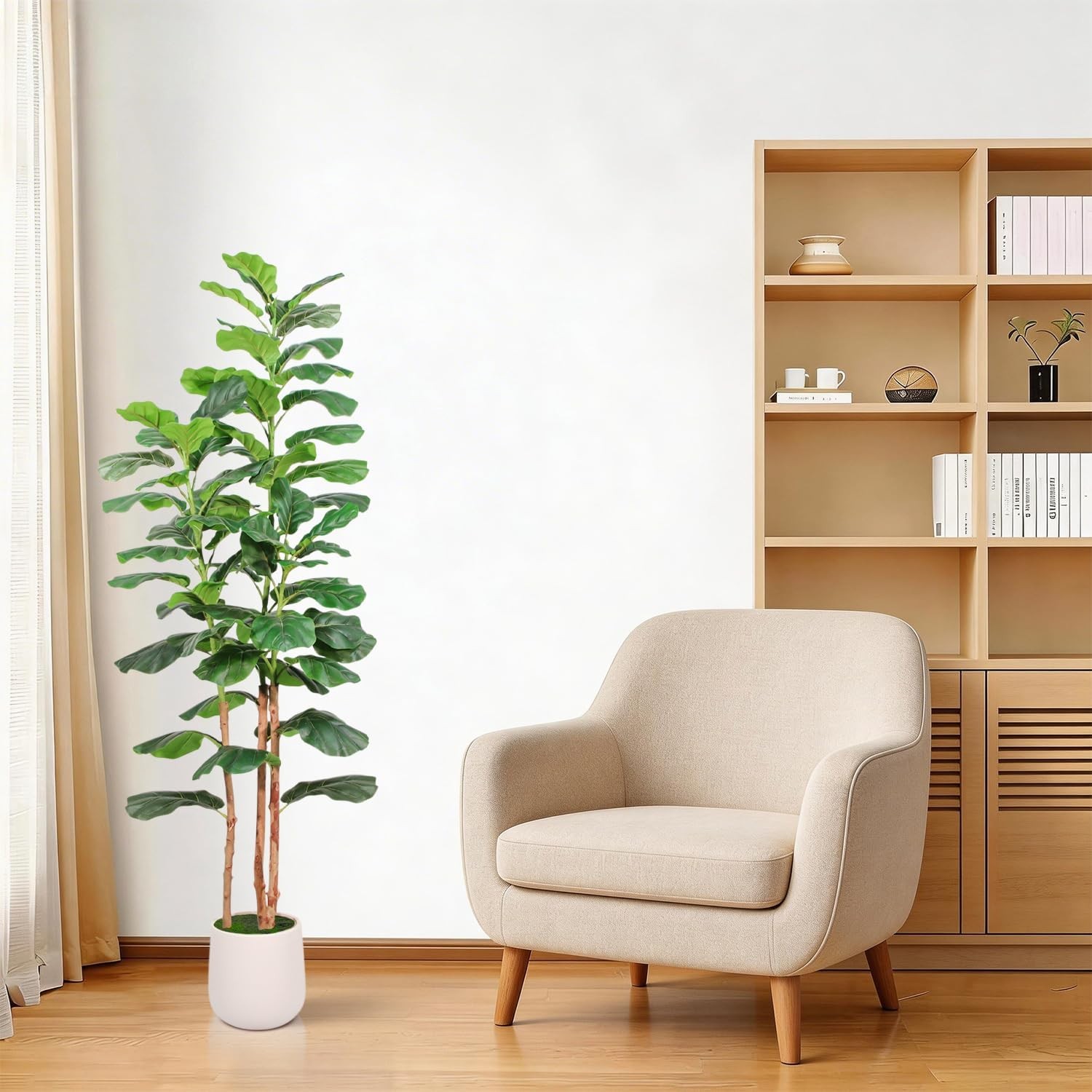 Artificial Fiddle Leaf Fig Tree with White Planter, 5ft Tall Faux Ficus Tree