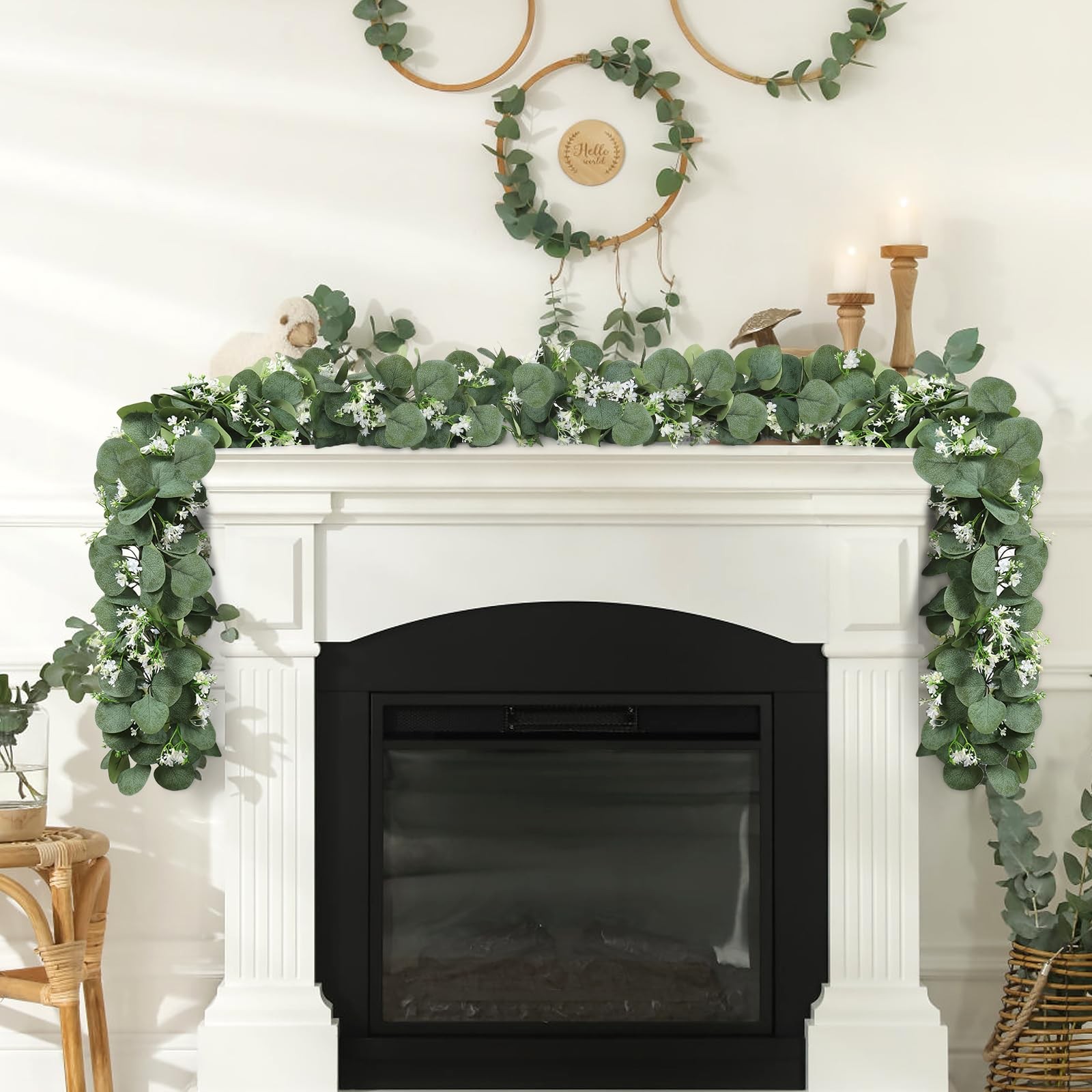 Eucalyptus Garland with White Flowers, 2 Packs 5.9Ft Artificial Silver Dollar…
