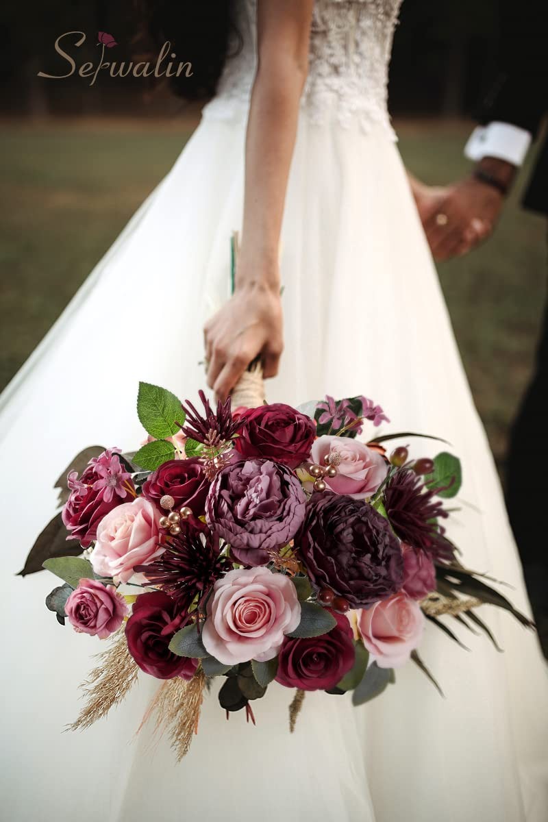 Burgundy, Pink Artificial Flowers, Fake Rose Silk, Wedding Bouquets, Center