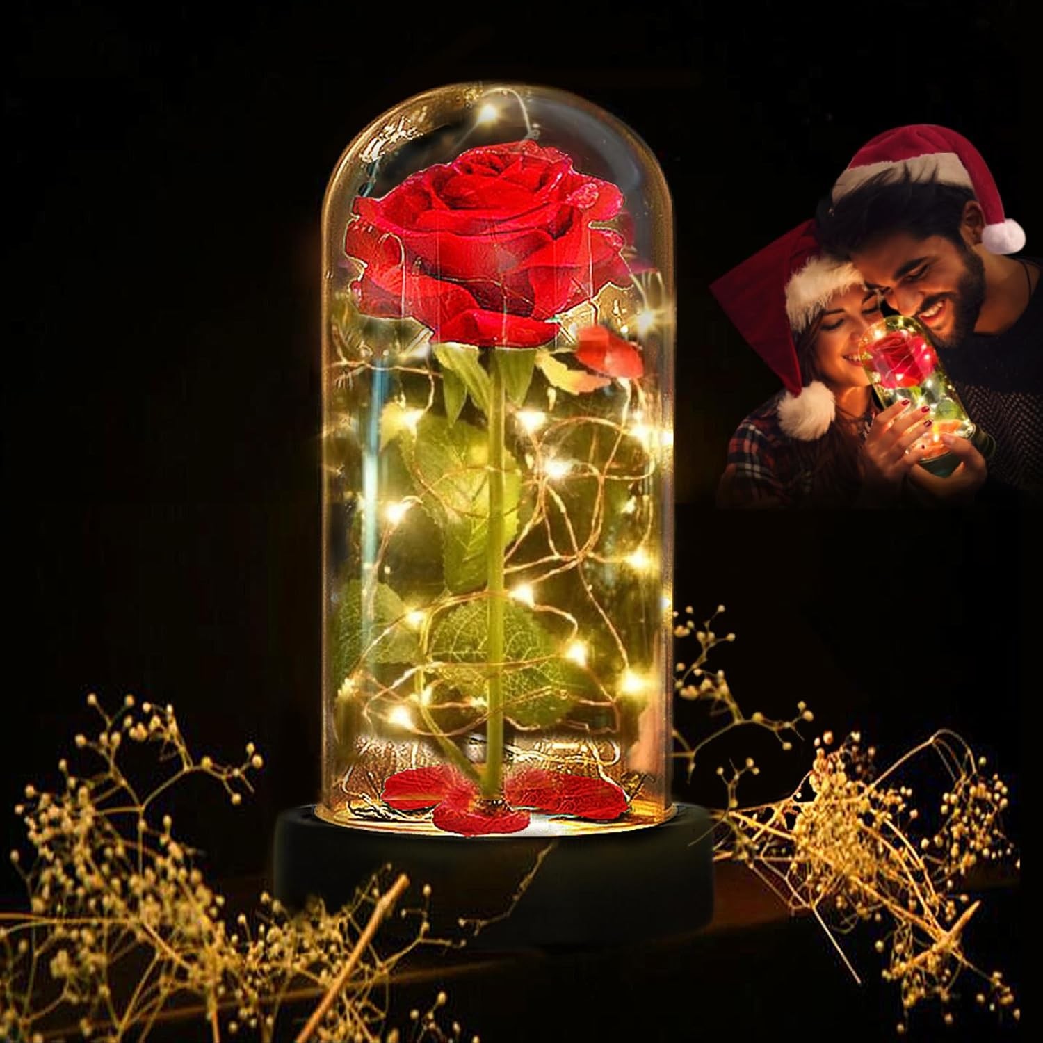 Deluxsa Enchanted Red Silk Rose,Beauty and the Beast Rose with Fallen Petals in