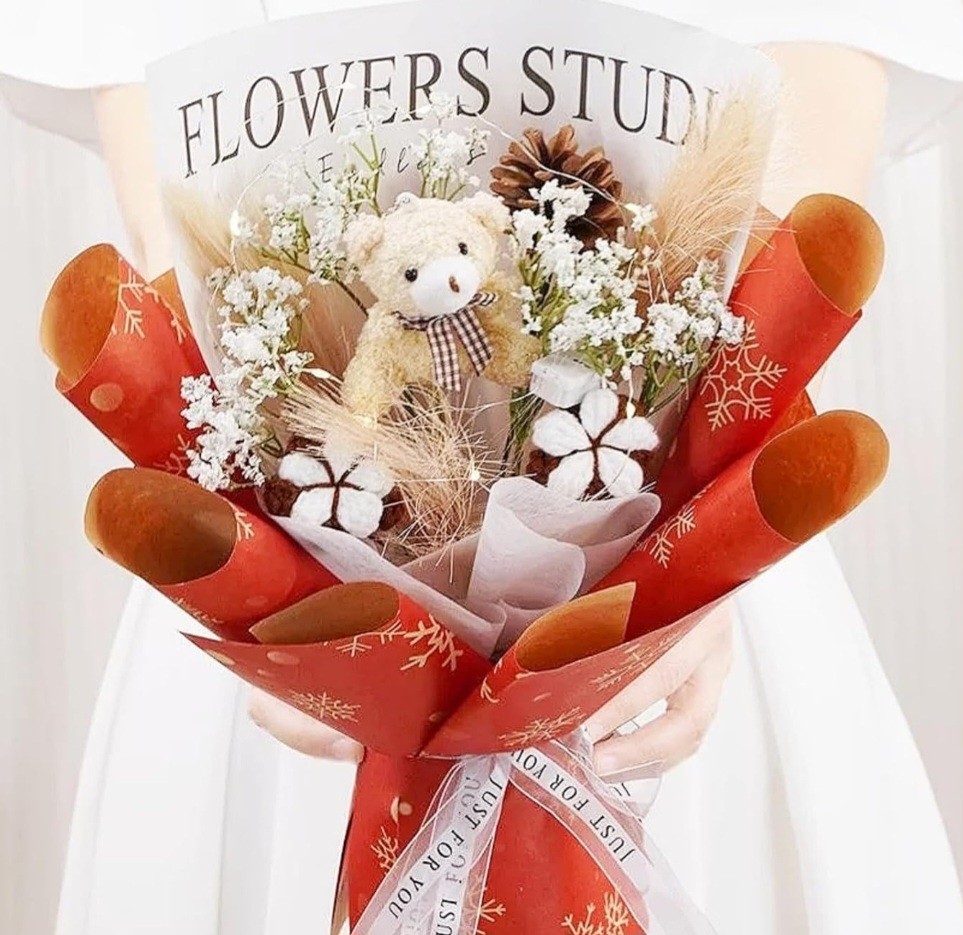 New! Flower Bouquet with Stuffed Bear, Flowers Gift, Exquisite Wrap & Bow