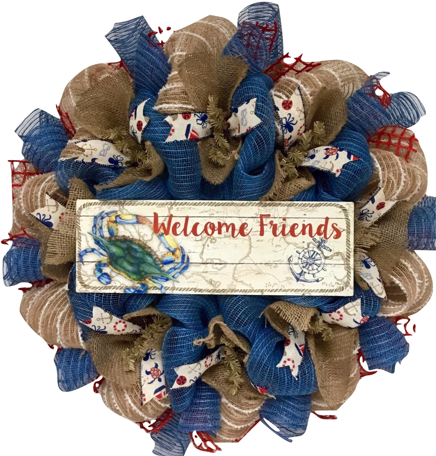 Welcome Friends Nautical Crab Wreath Handmade Deco Mesh