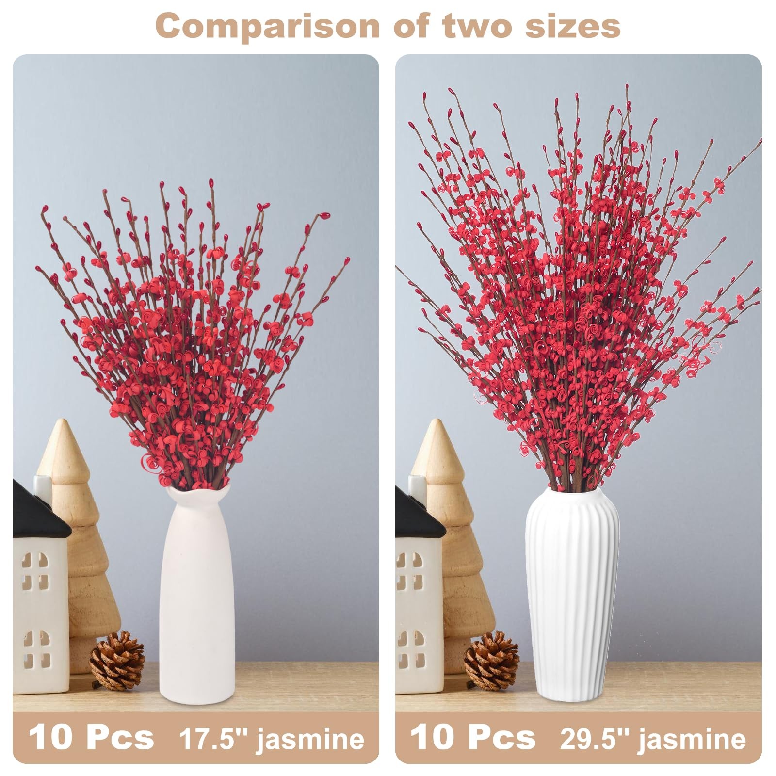 Red Flowers Artificial Jasmine 17.5 Inch Faux Patriotic Red Berries 10 PCS