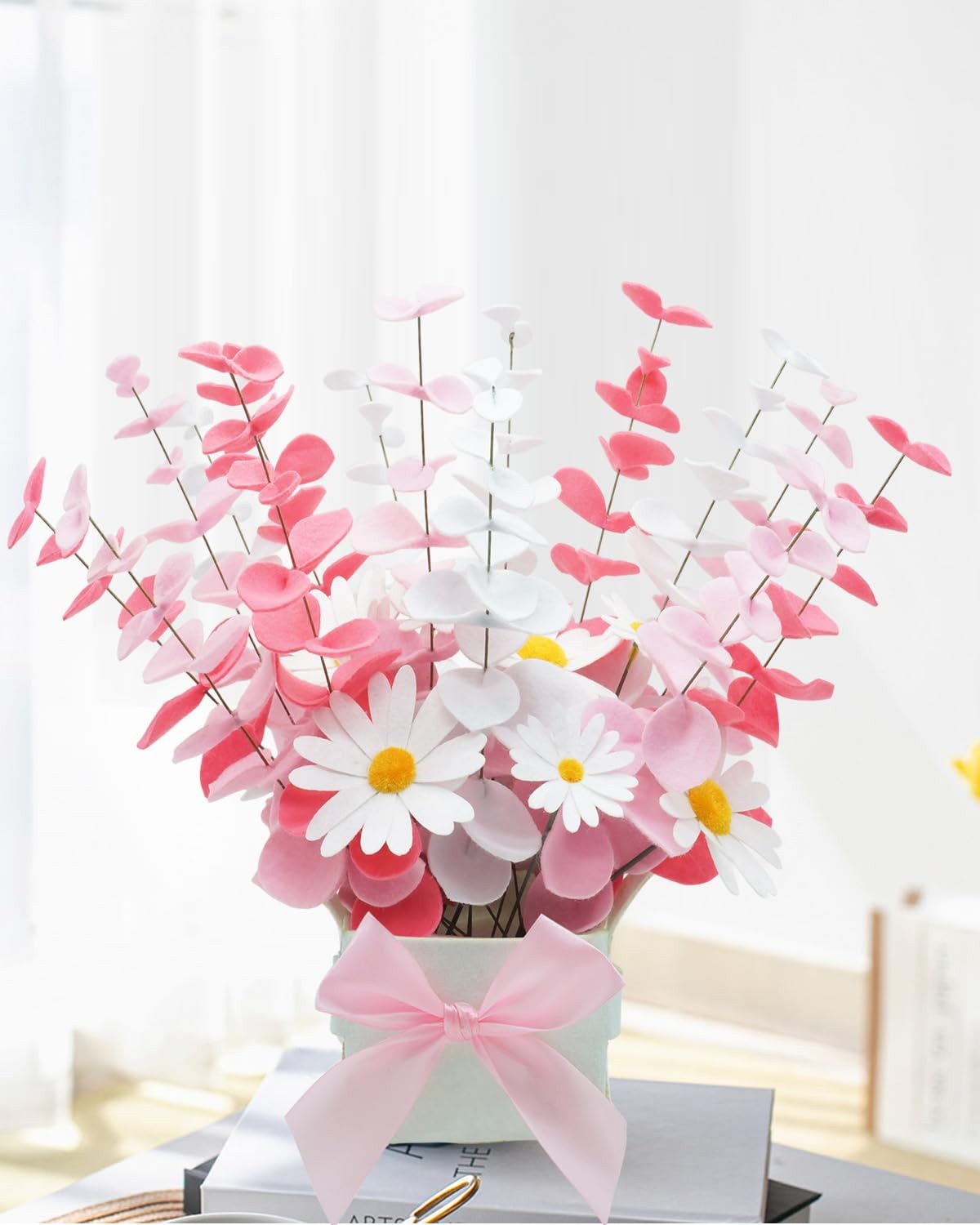 BAZIMA Felt Eucalyptus Daisy Bouquet,Felt Flowers,Multi-Color Felt Leaves,DIY…