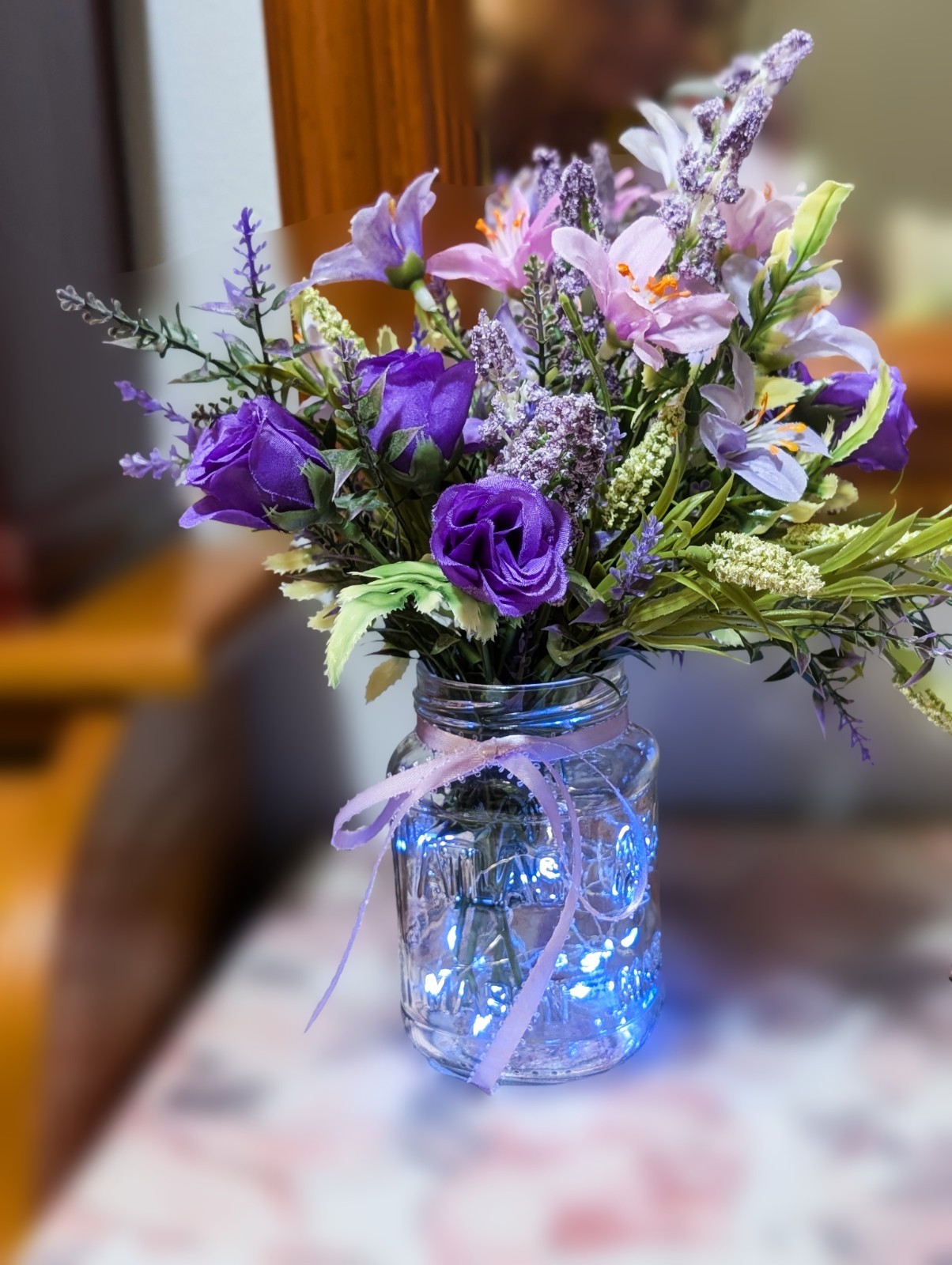 Purple Floral Arrangement, Mini Roses, Fressia, Lighted Mason Jar (Timer)