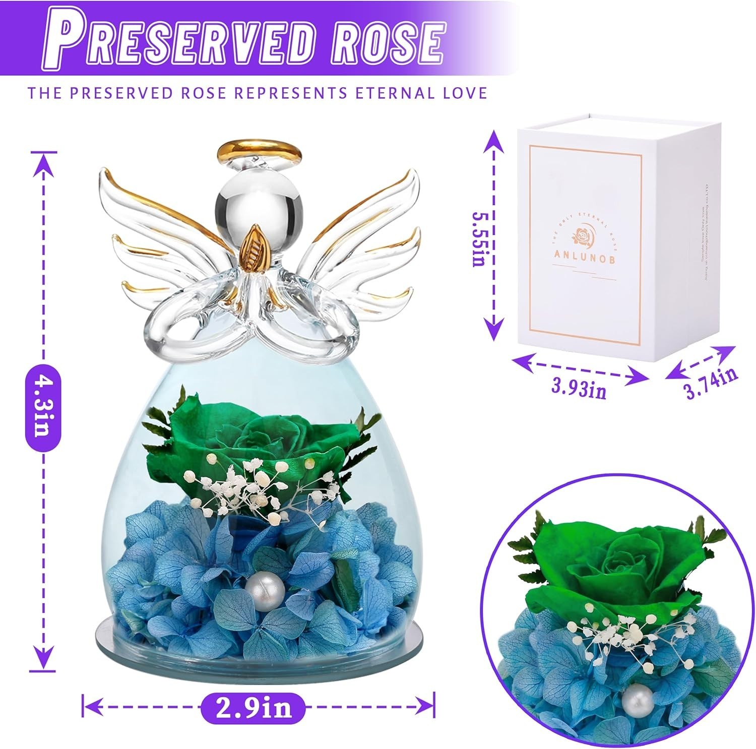 Borosilicate Glass Angel Figurine with Lasting Green Rose – Ideal Home Decor