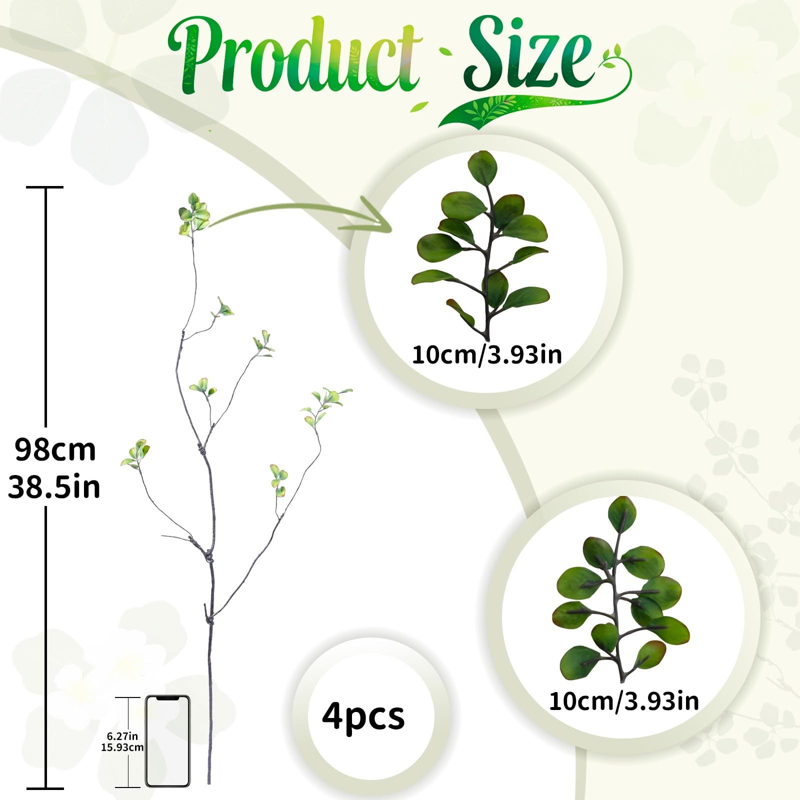 4 Pcs 38.5″ Tall All-Green Artificial Branches with Leaves, Realistic Faux Fi…