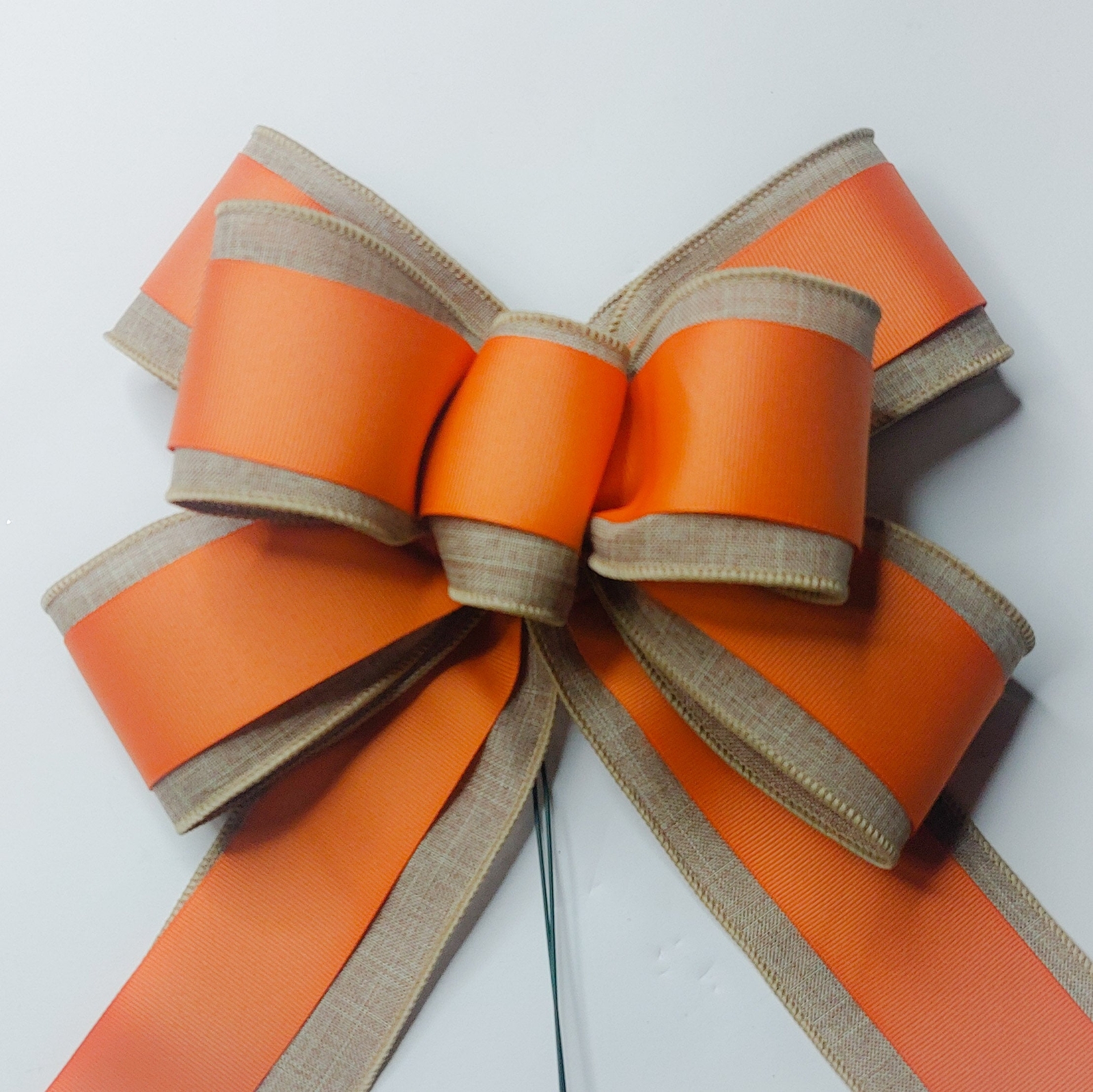 Wreath Bow, Beige Linen, Tangerine Orange Grosgrain