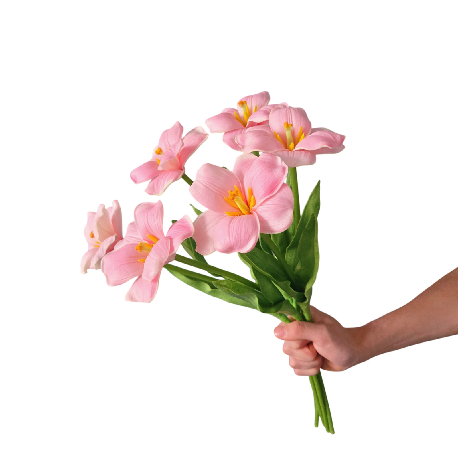 6PCS artificial fully bloomed tulips in pink, purple, and white for home décor.