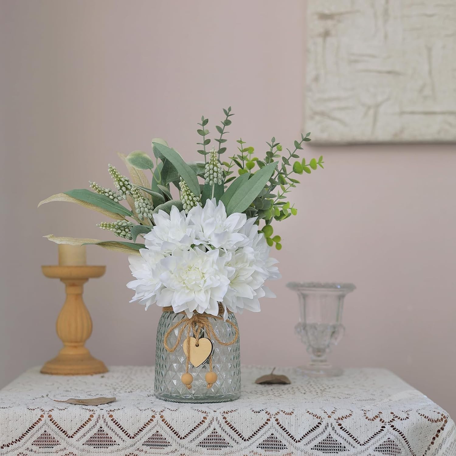 Beautiful Faux Dahlia and Eucalyptus Flowers in Vase – 14.5