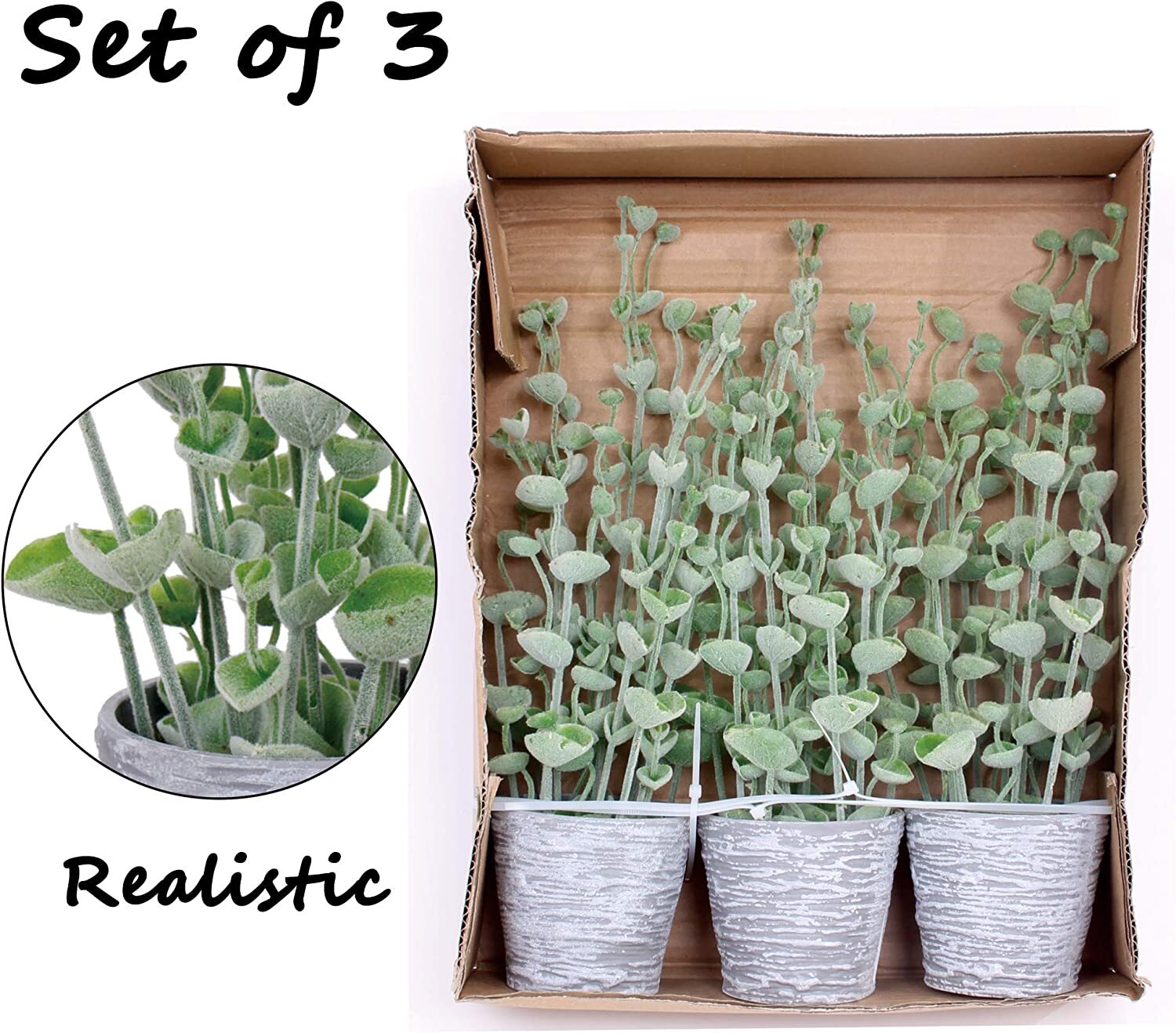 3 Pcs Artificial Lambs Ear Plants in Pots Faux Greenery for Farmhouse Home Decor