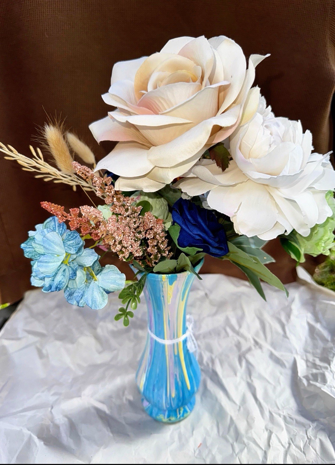 Handmade Multicolor Rose Flower Arrangement & Centerpiece Blue yellow Swirl Vase