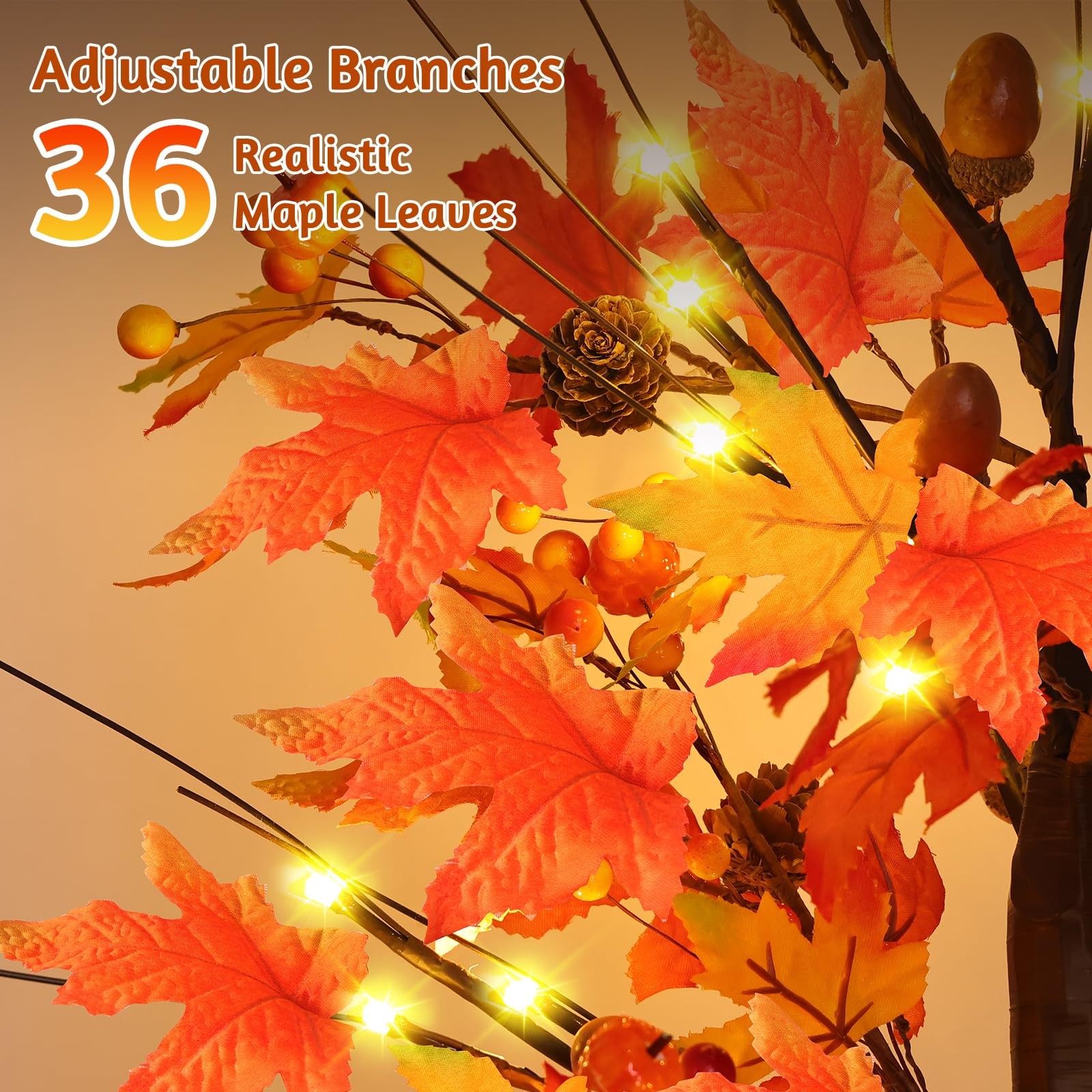 2 Pack 24 Inch Prelit Lighted Maple Tree, Artificial Fall Tree with 24 LEDs T…