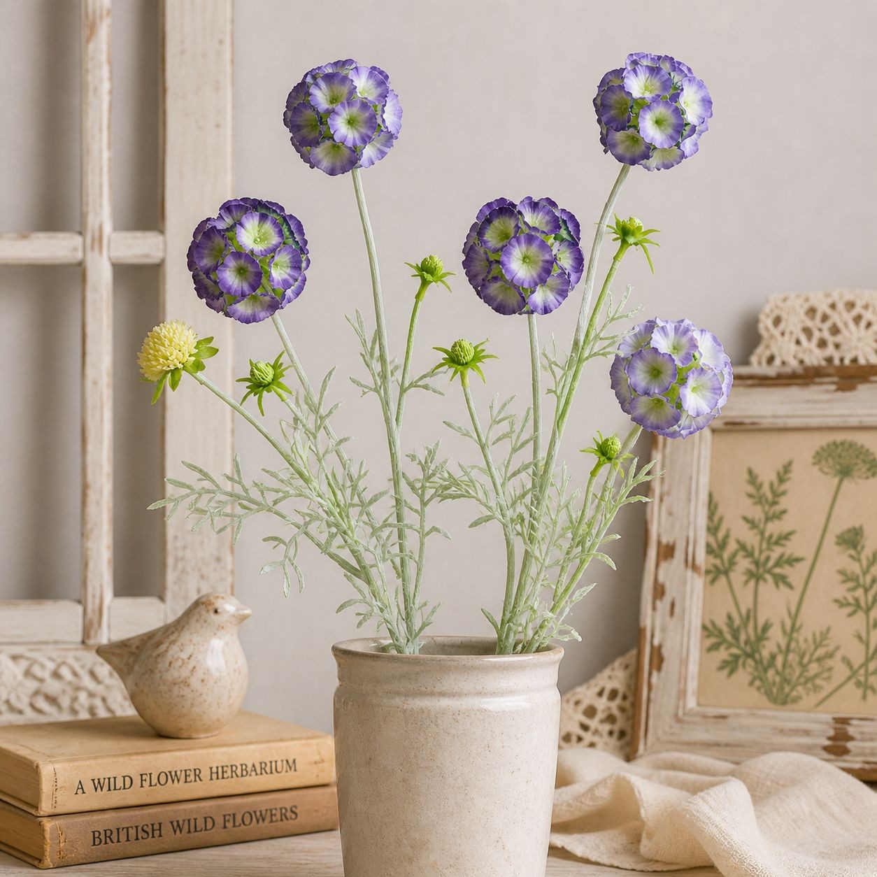 Artificial Scabiosa Flower Stems Purple Blue Faux Wildflower Cottage Floral Fill